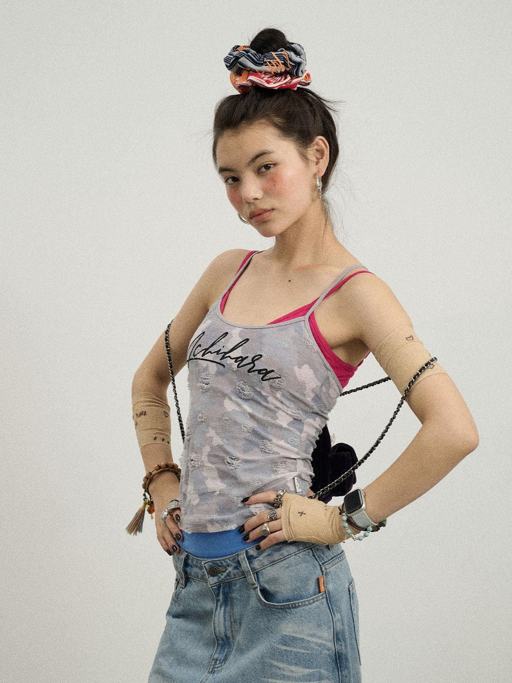 Achihara Blueberry Camo Letter Print Fitted Women'S Poly Cotton Camisoles