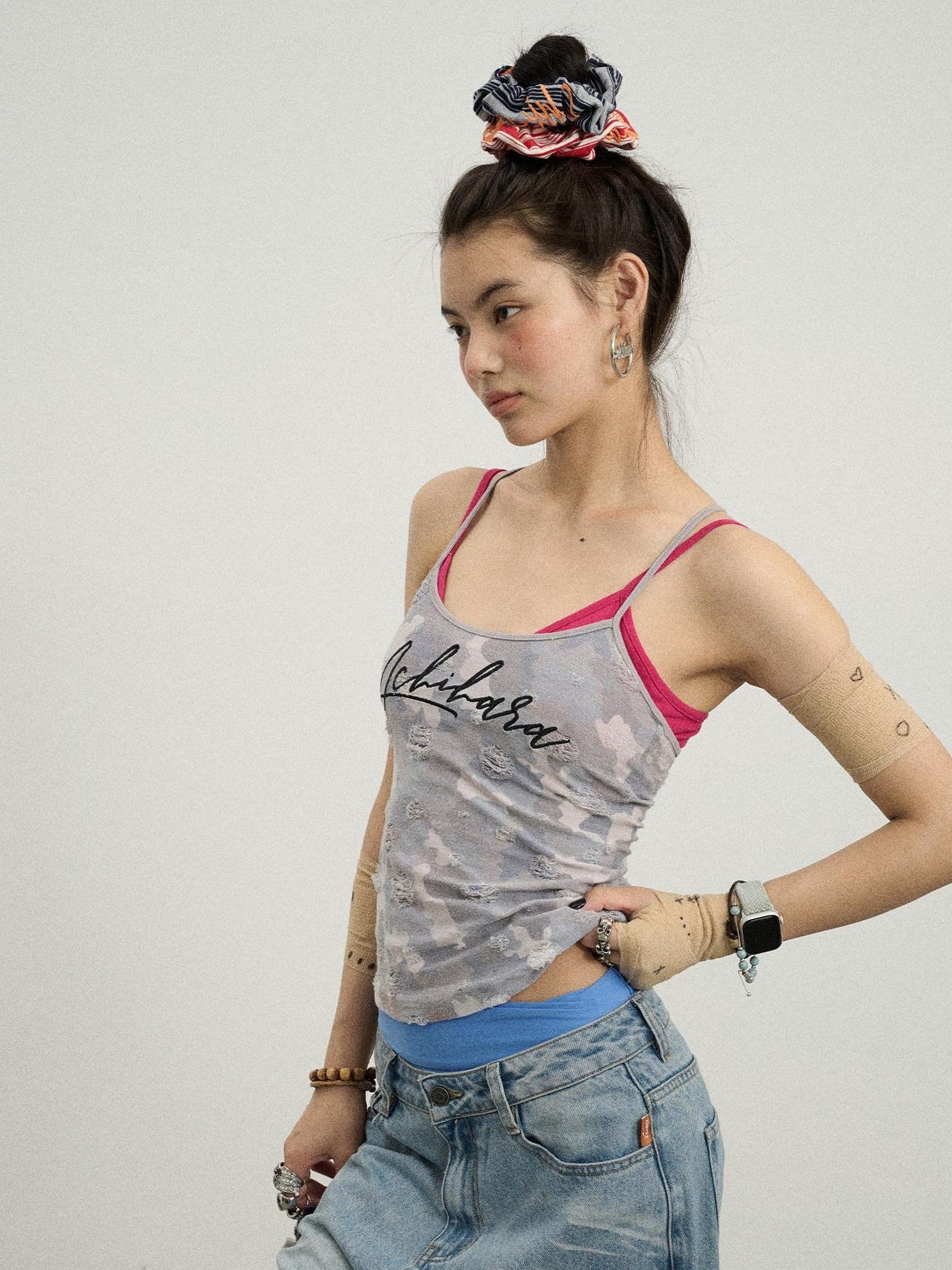 Achihara Blueberry Camo Letter Print Fitted Women'S Poly Cotton Camisoles