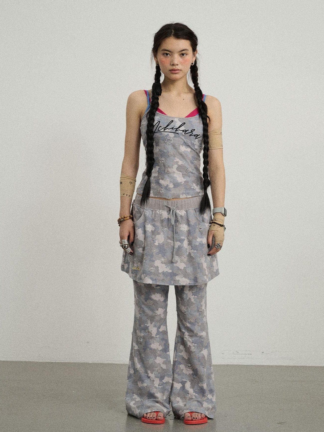 Achihara Blueberry Camo Letter Print Fitted Women'S Poly Cotton Camisoles