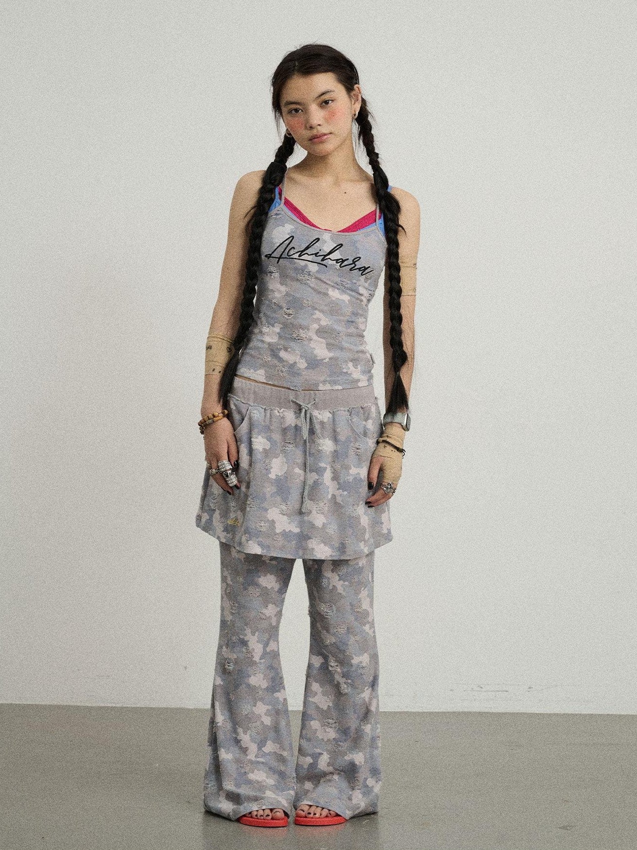 Achihara Blueberry Camo Letter Print Fitted Women'S Poly Cotton Camisoles