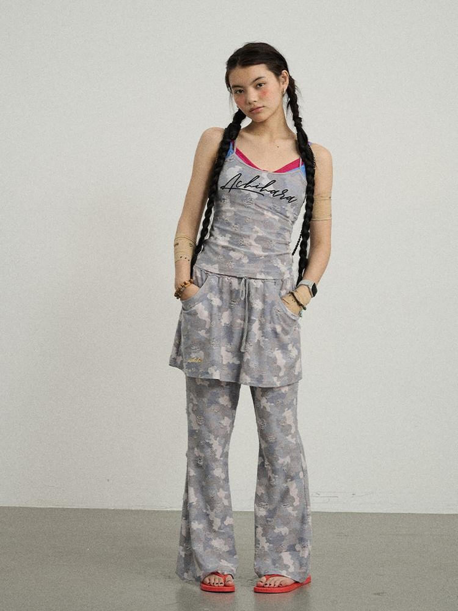 Achihara Blueberry Camo Letter Print Fitted Women'S Poly Cotton Camisoles