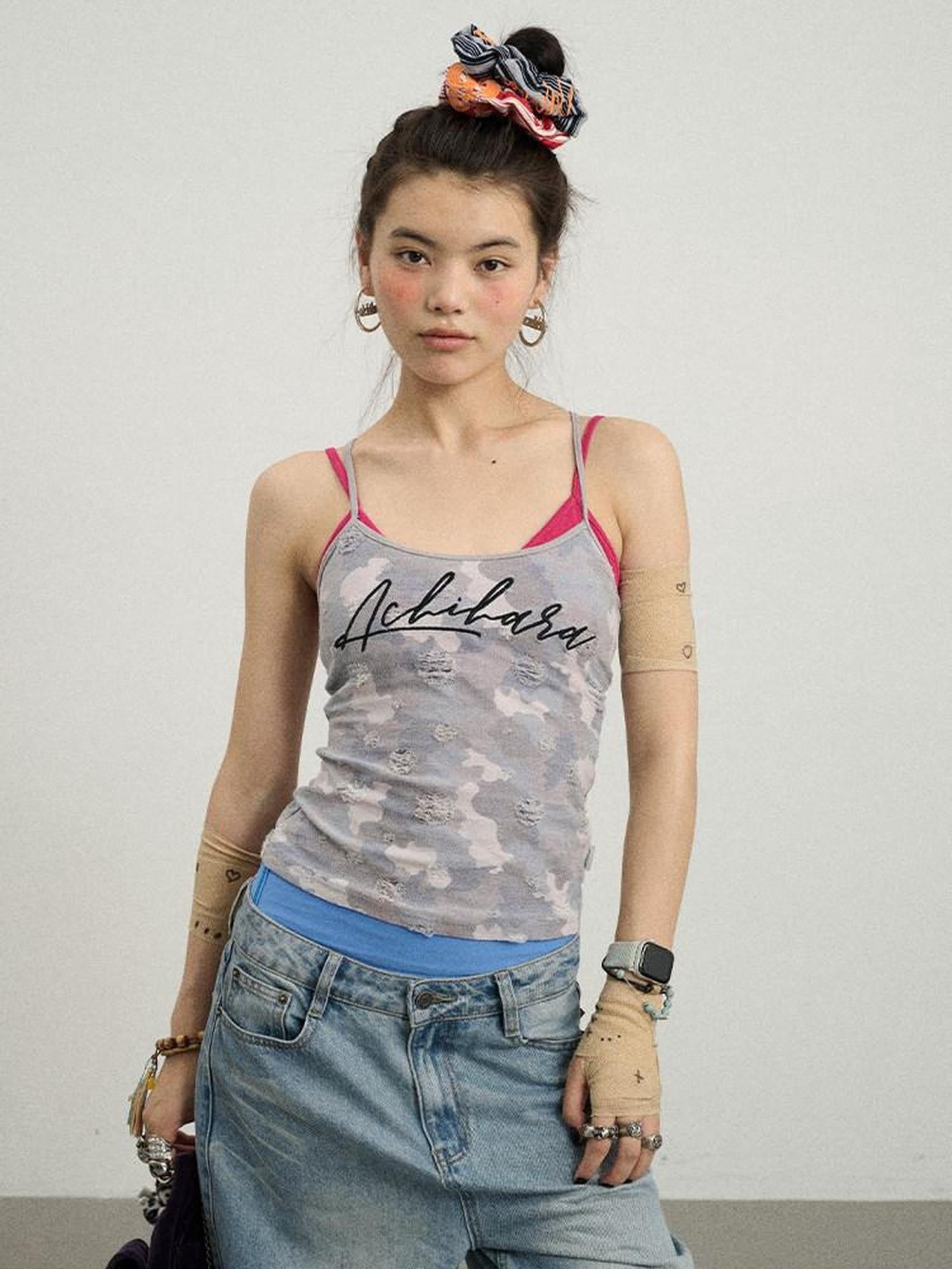 Achihara Blueberry Camo Letter Print Fitted Women'S Poly Cotton Camisoles