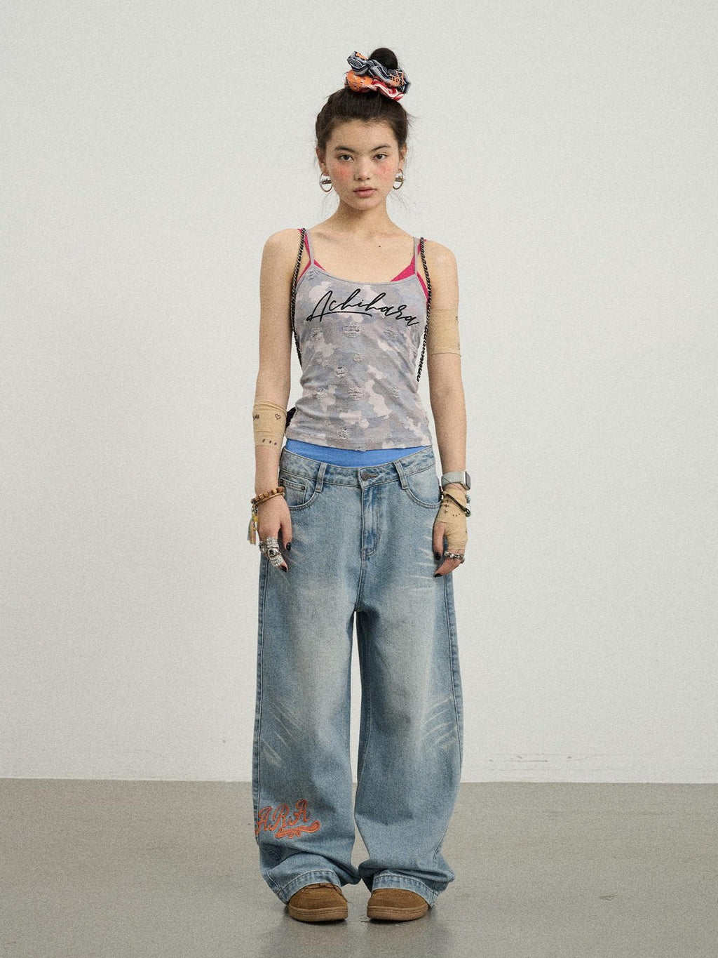 Achihara Blueberry Camo Letter Print Fitted Women'S Poly Cotton Camisoles