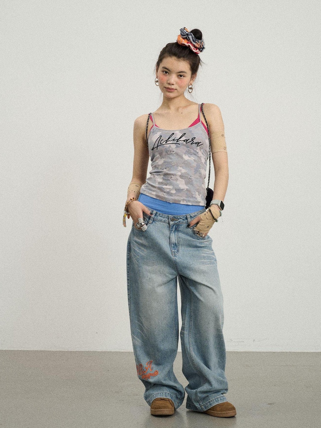 Achihara Blueberry Camo Letter Print Fitted Women'S Poly Cotton Camisoles