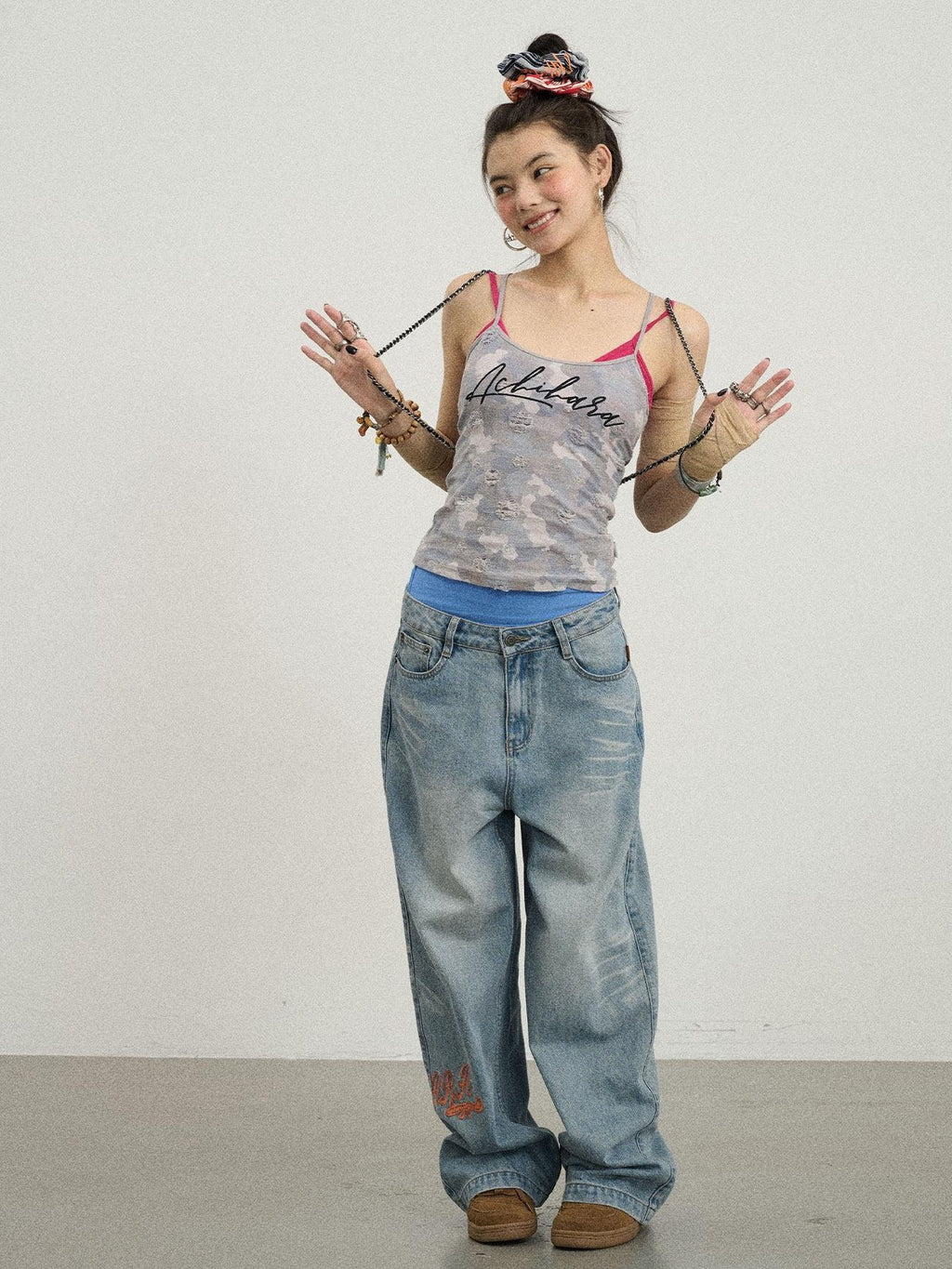 Achihara Blueberry Camo Letter Print Fitted Women'S Poly Cotton Camisoles