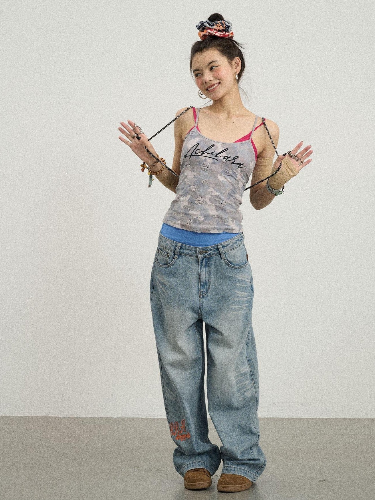 Achihara Blueberry Camo Letter Print Fitted Women'S Poly Cotton Camisoles