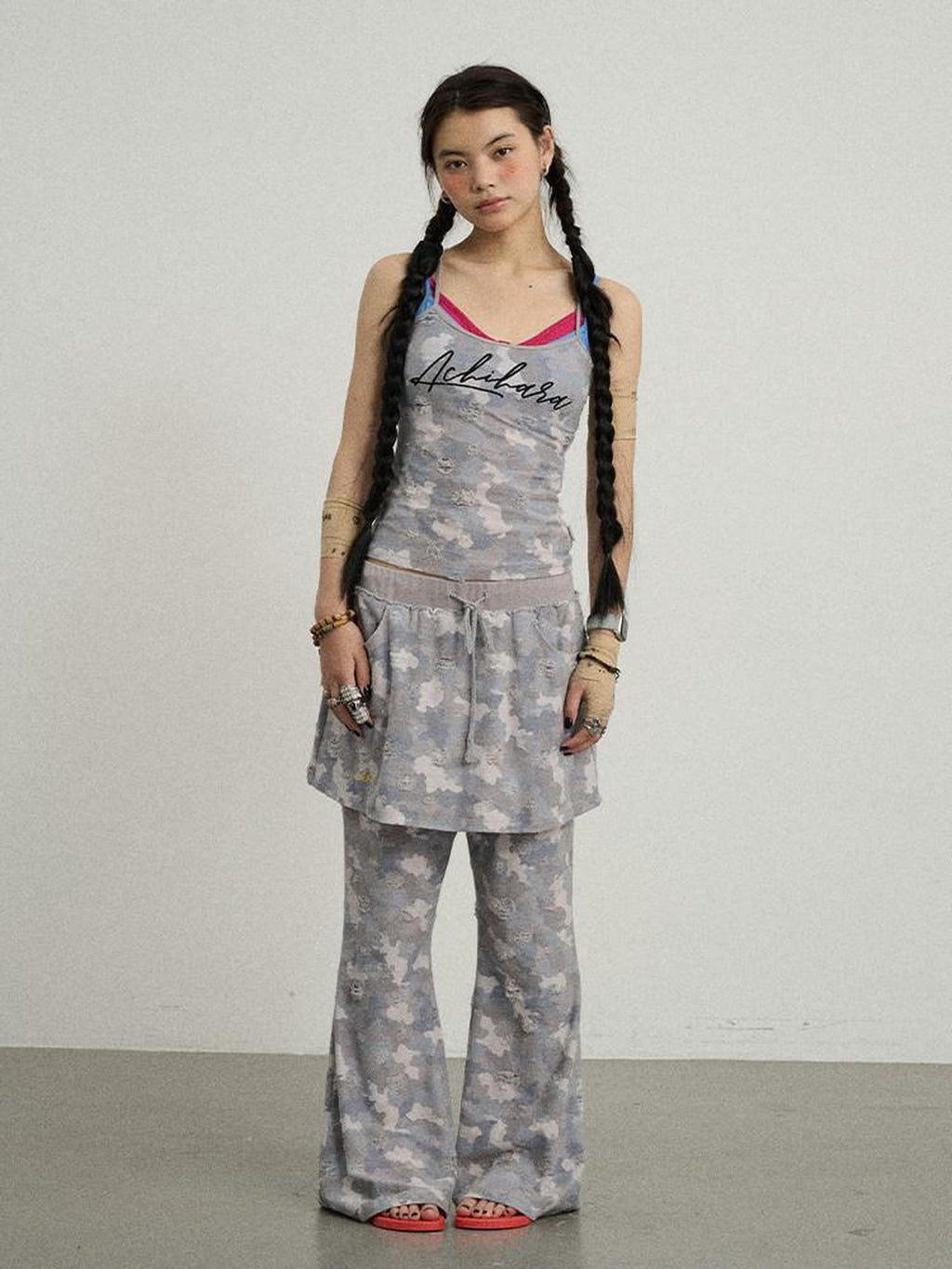Achihara Blueberry Camo Skirt Drawstring Women'S Poly Cotton Flare Pants