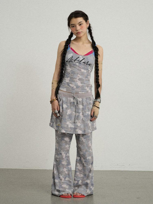 Achihara Blueberry Camo Skirt Drawstring Women'S Poly Cotton Flare Pants