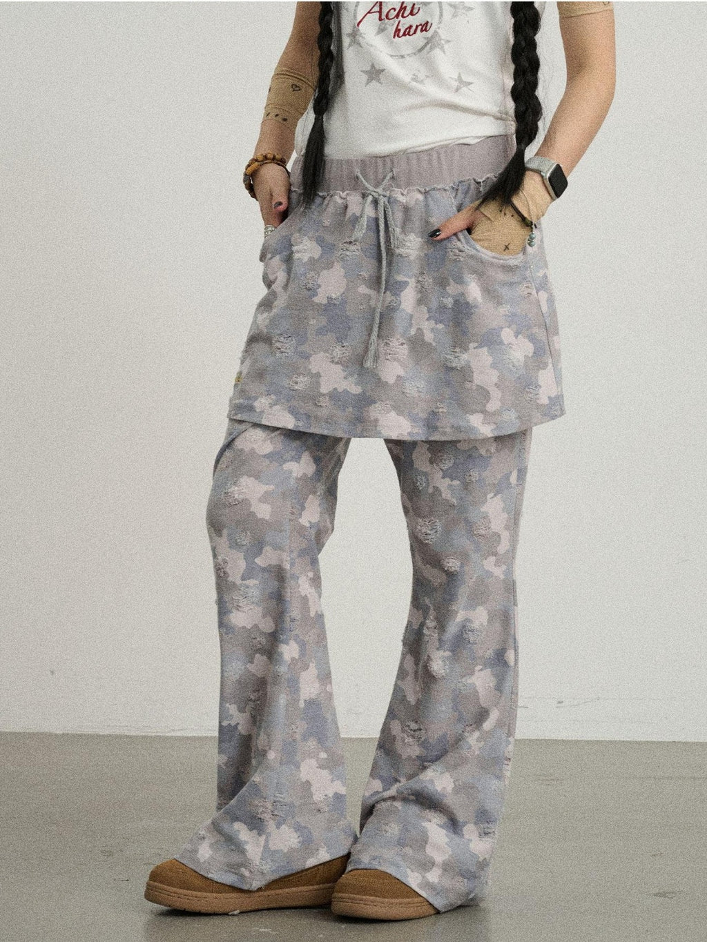 Achihara Blueberry Camo Skirt Drawstring Women'S Poly Cotton Flare Pants