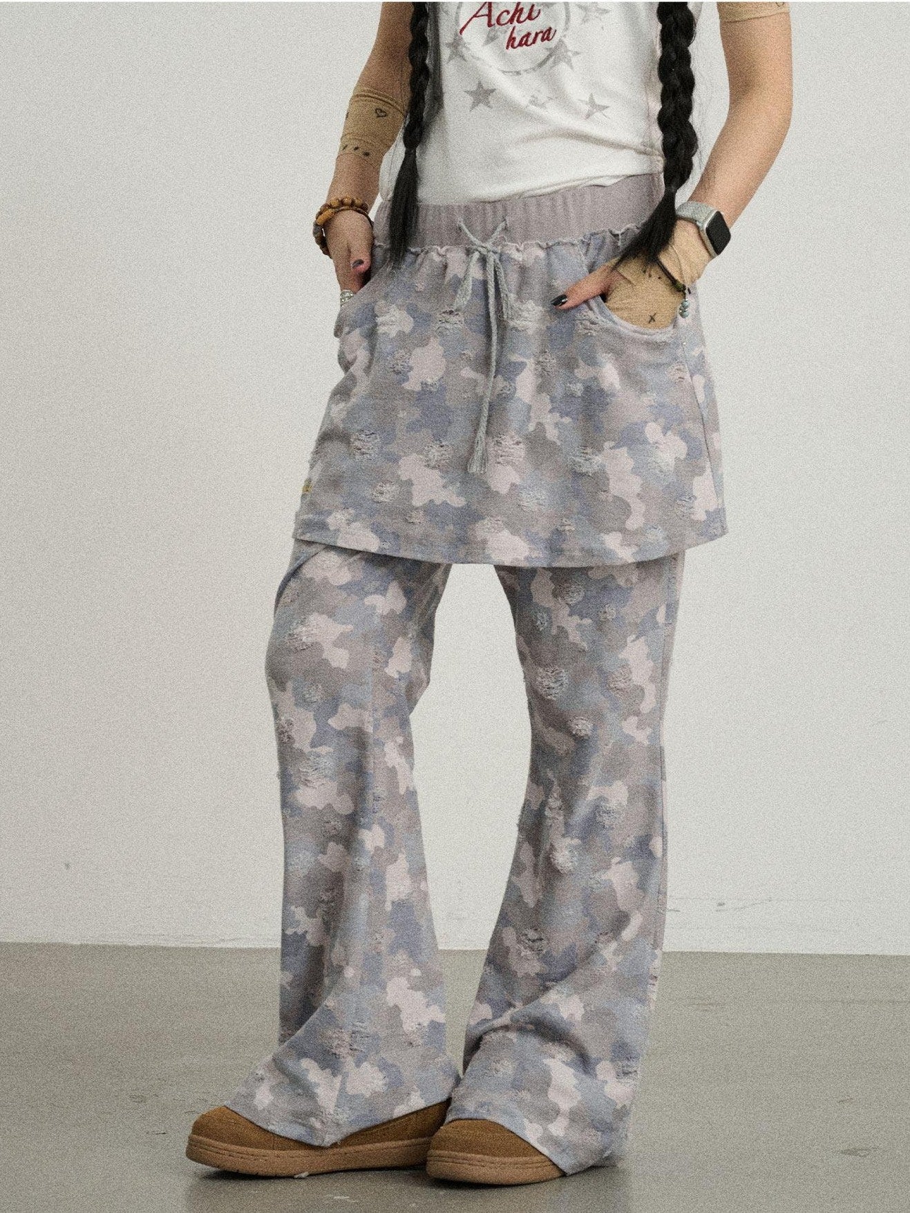 Achihara Blueberry Camo Skirt Drawstring Women'S Poly Cotton Flare Pants