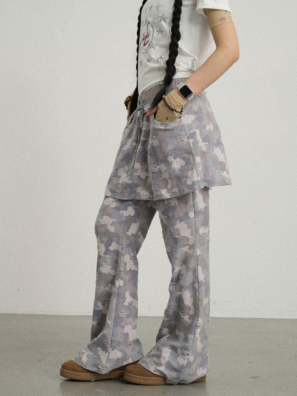 Achihara Blueberry Camo Skirt Drawstring Women'S Poly Cotton Flare Pants
