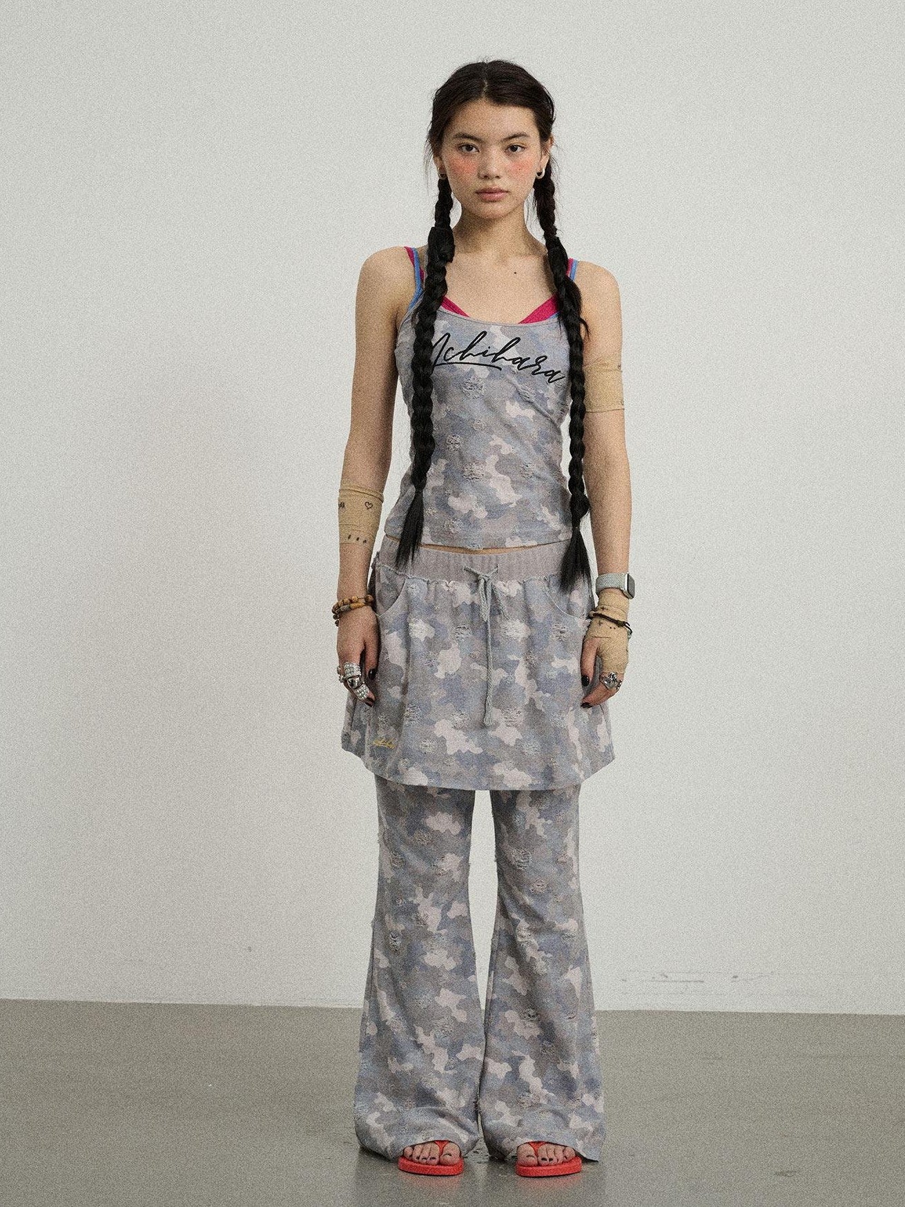 Achihara Blueberry Camo Skirt Drawstring Women'S Poly Cotton Flare Pants