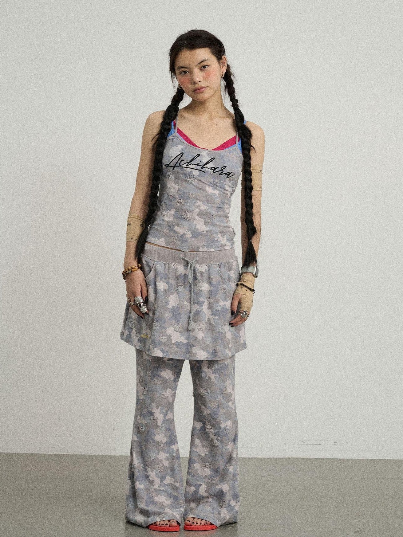 Achihara Blueberry Camo Skirt Drawstring Women'S Poly Cotton Flare Pants