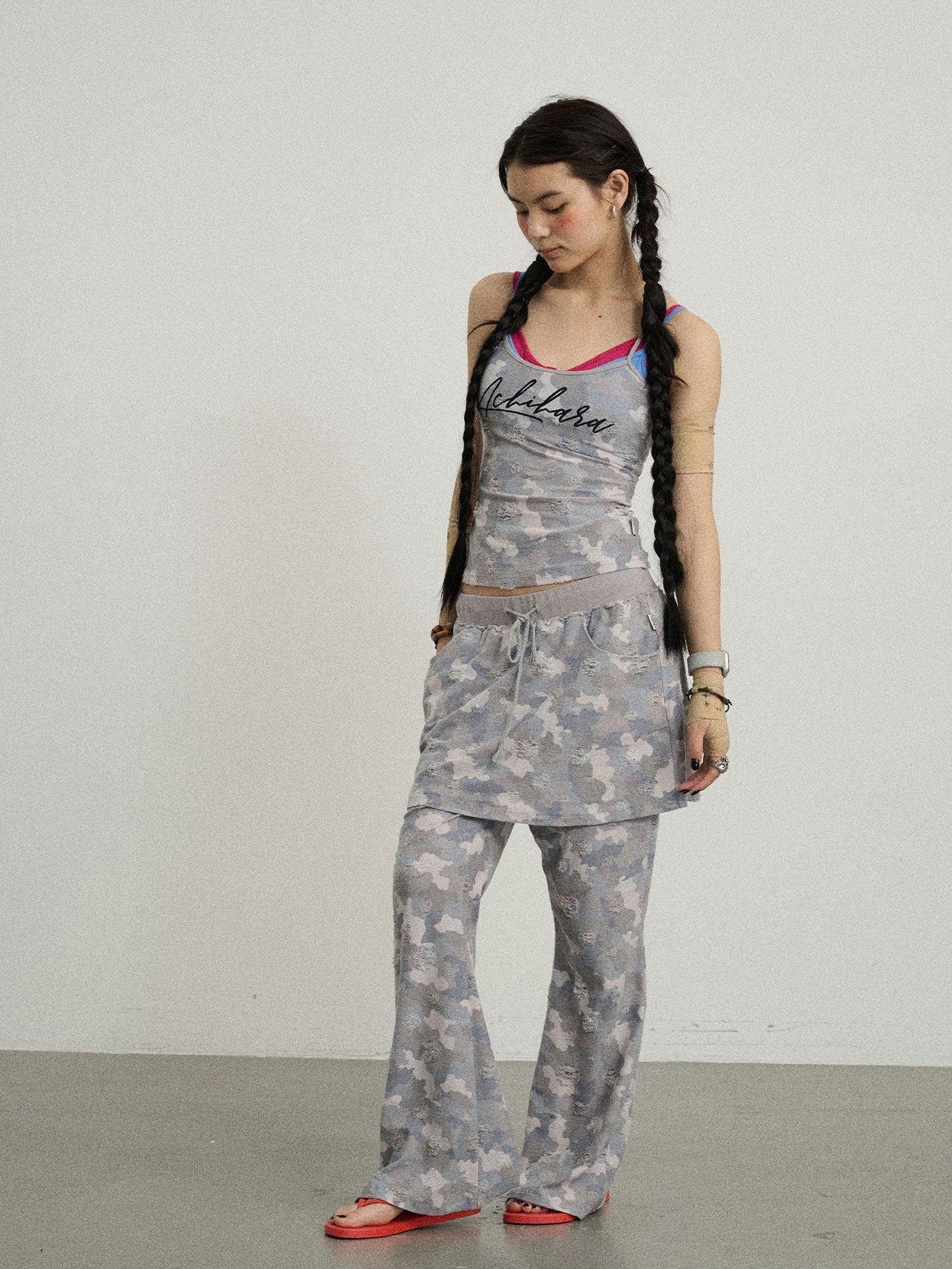 Achihara Blueberry Camo Skirt Drawstring Women'S Poly Cotton Flare Pants