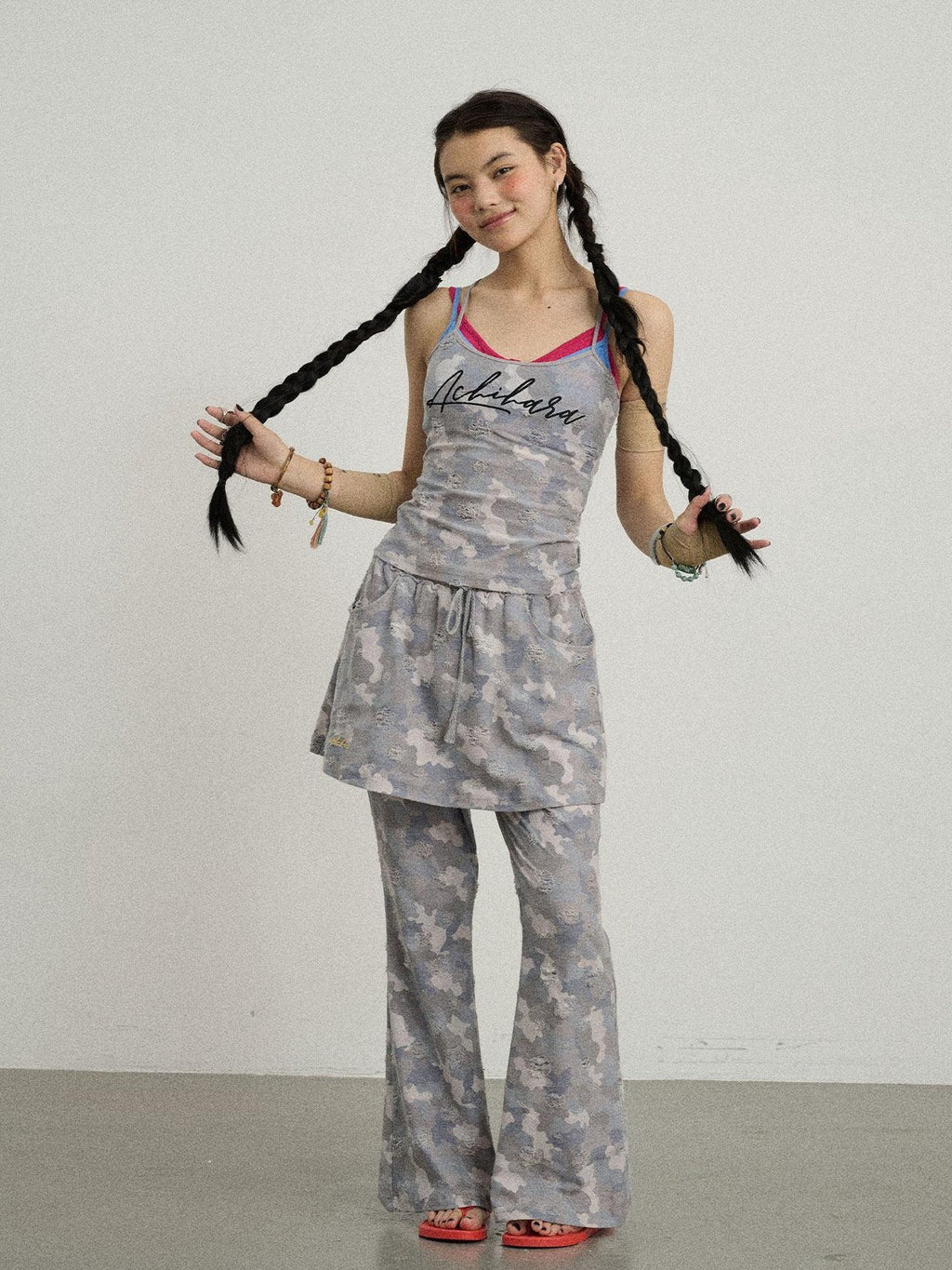 Achihara Blueberry Camo Skirt Drawstring Women'S Poly Cotton Flare Pants
