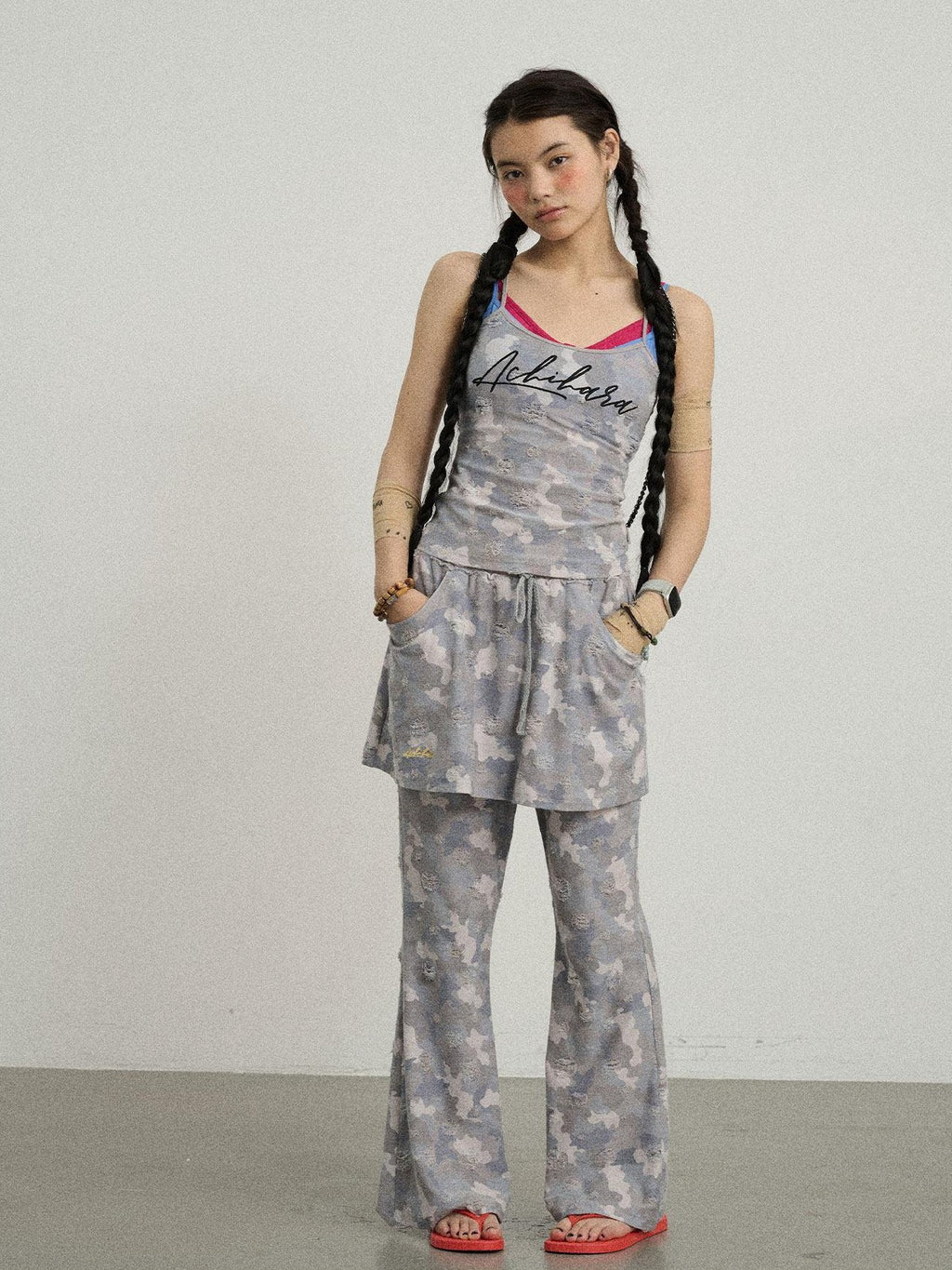 Achihara Blueberry Camo Skirt Drawstring Women'S Poly Cotton Flare Pants
