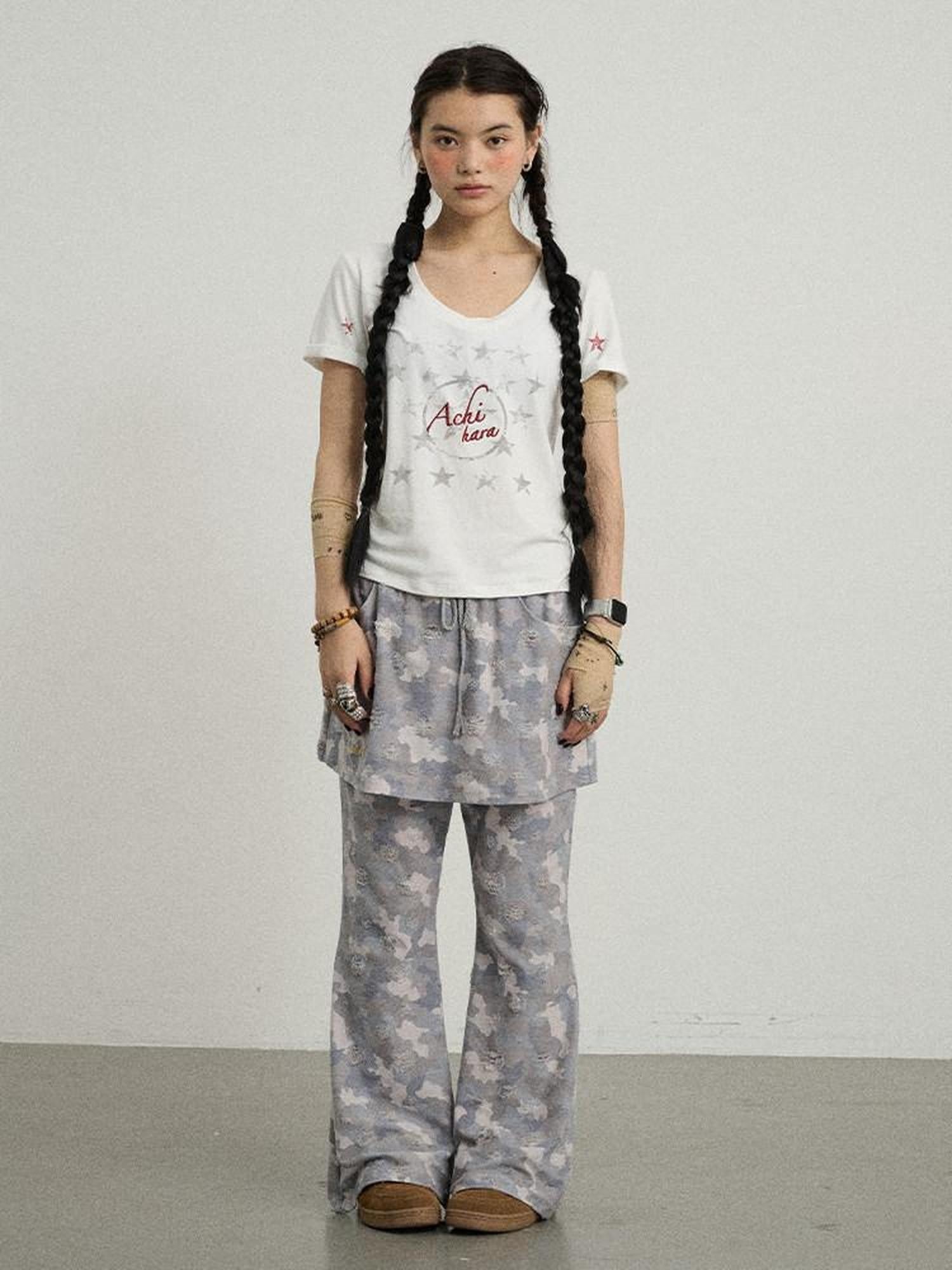 Achihara Blueberry Camo Skirt Drawstring Women'S Poly Cotton Flare Pants