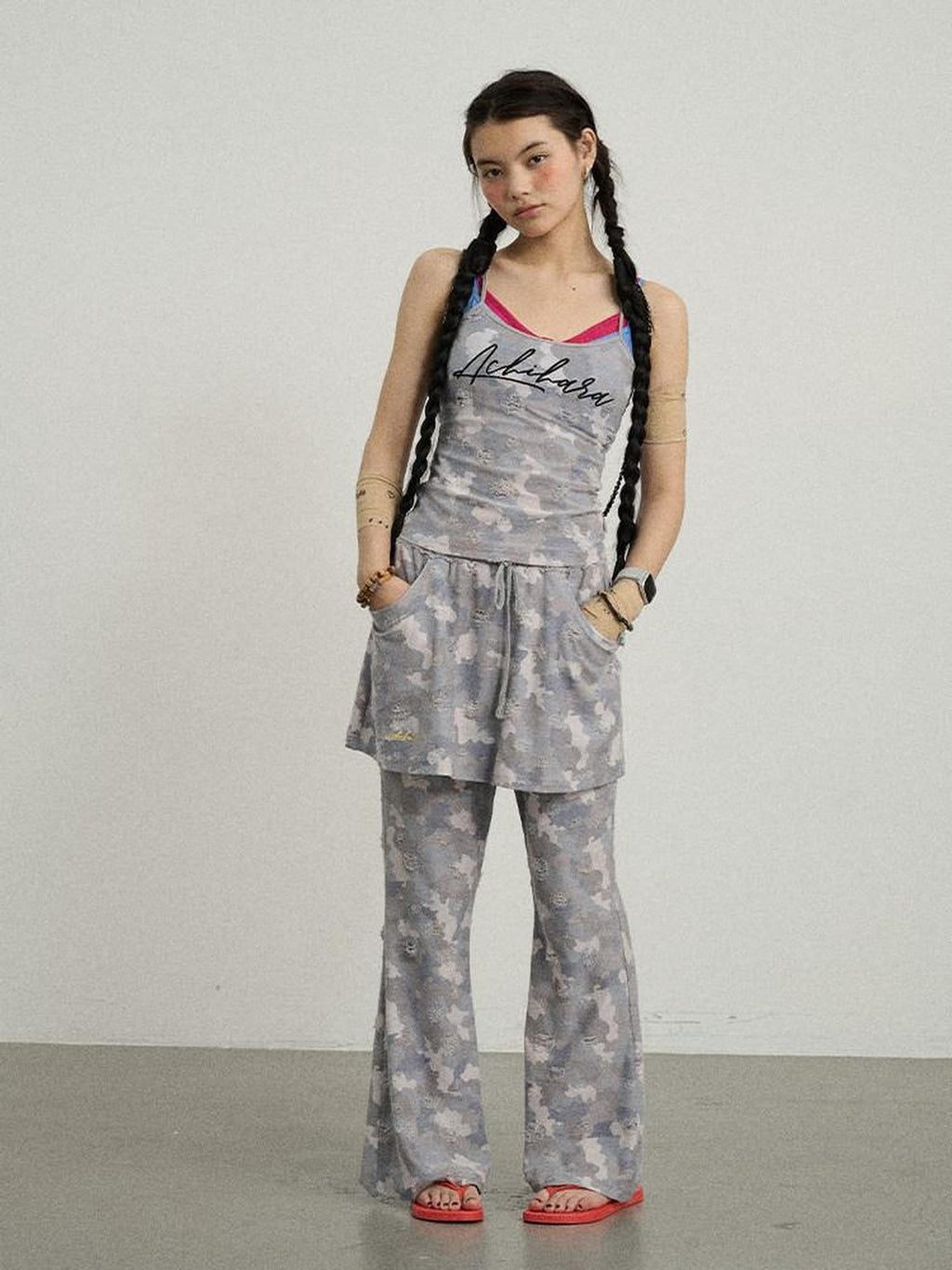 Achihara Blueberry Camo Skirt Drawstring Women'S Poly Cotton Flare Pants