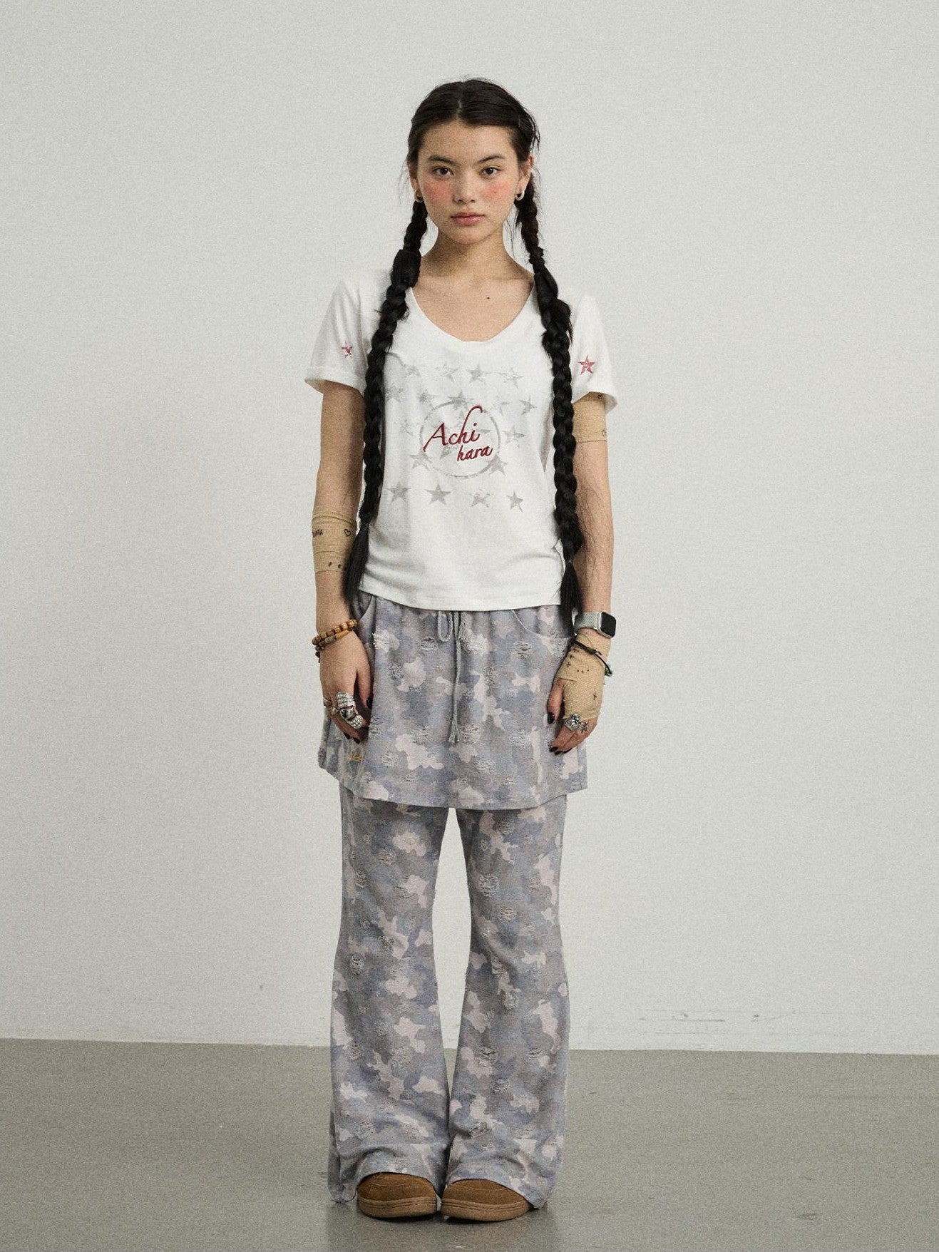 Achihara Blueberry Camo Skirt Drawstring Women'S Poly Cotton Flare Pants