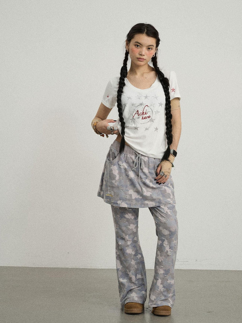 Achihara Blueberry Camo Skirt Drawstring Women'S Poly Cotton Flare Pants