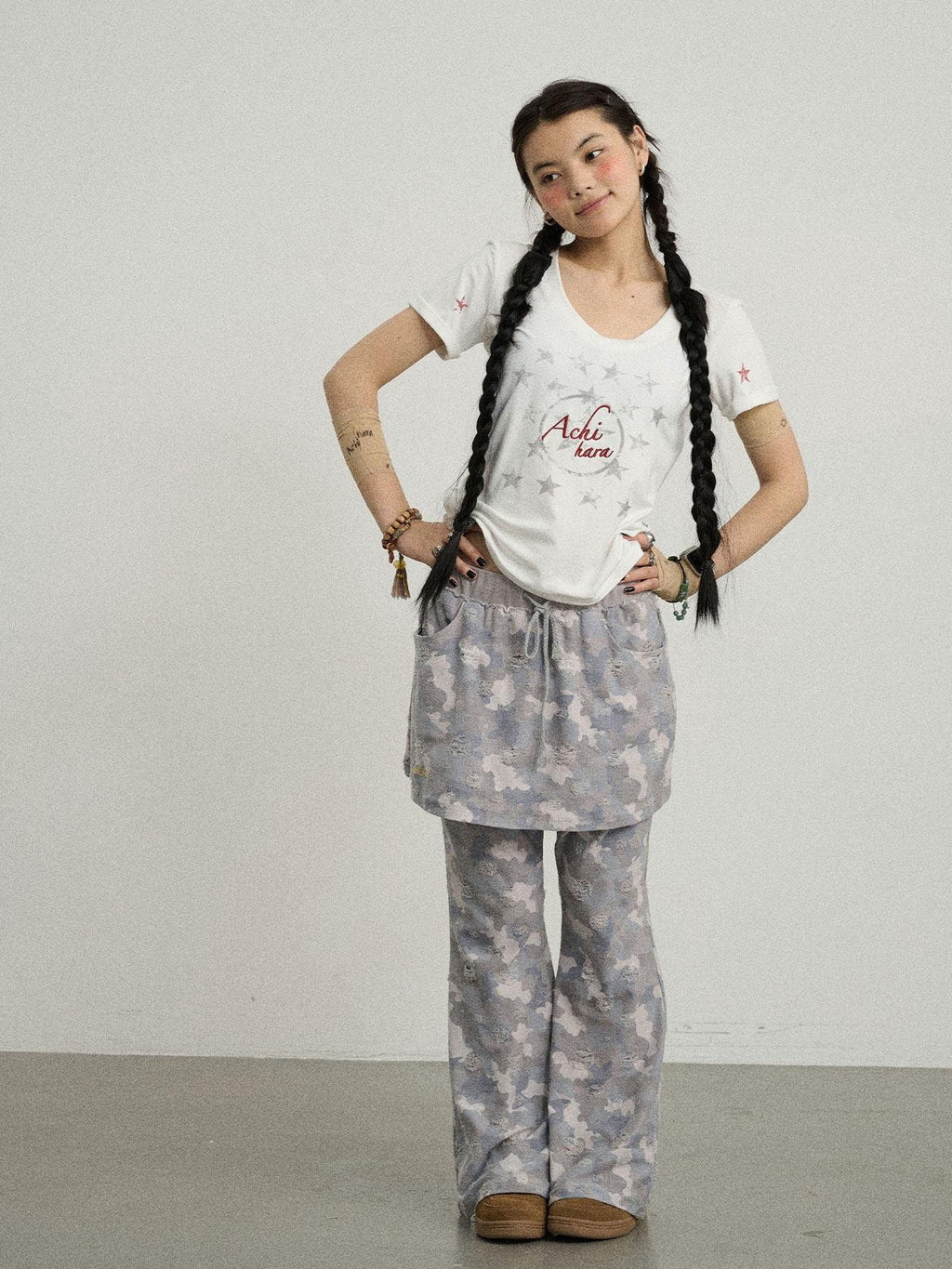 Achihara Blueberry Camo Skirt Drawstring Women'S Poly Cotton Flare Pants