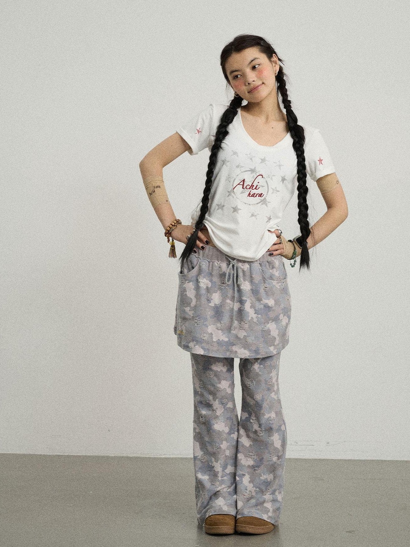 Achihara Blueberry Camo Skirt Drawstring Women'S Poly Cotton Flare Pants