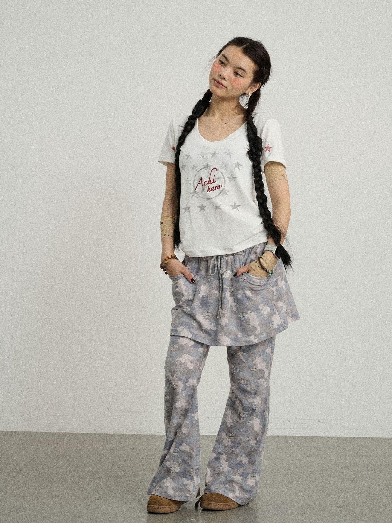 Achihara Blueberry Camo Skirt Drawstring Women'S Poly Cotton Flare Pants
