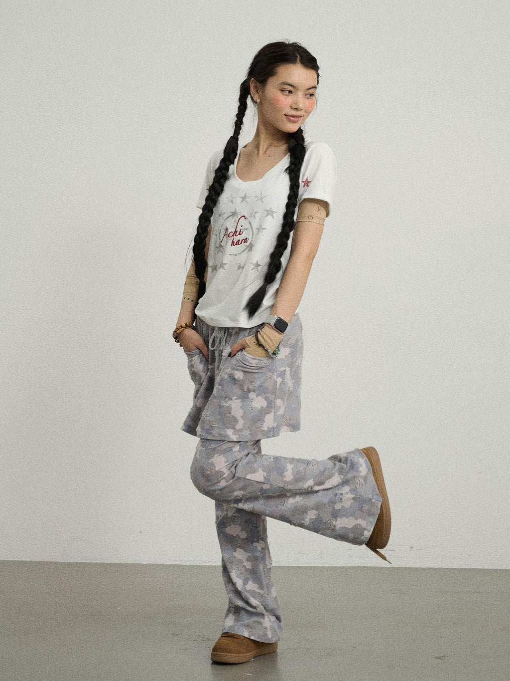 Achihara Blueberry Camo Skirt Drawstring Women'S Poly Cotton Flare Pants
