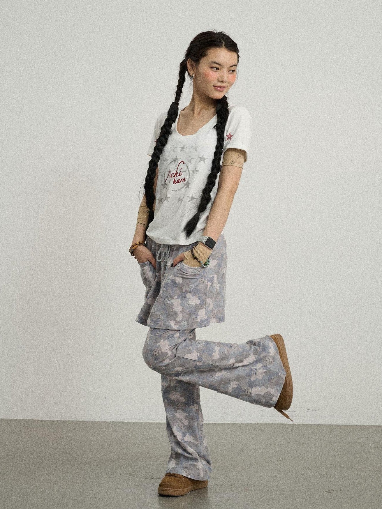 Achihara Blueberry Camo Skirt Drawstring Women'S Poly Cotton Flare Pants