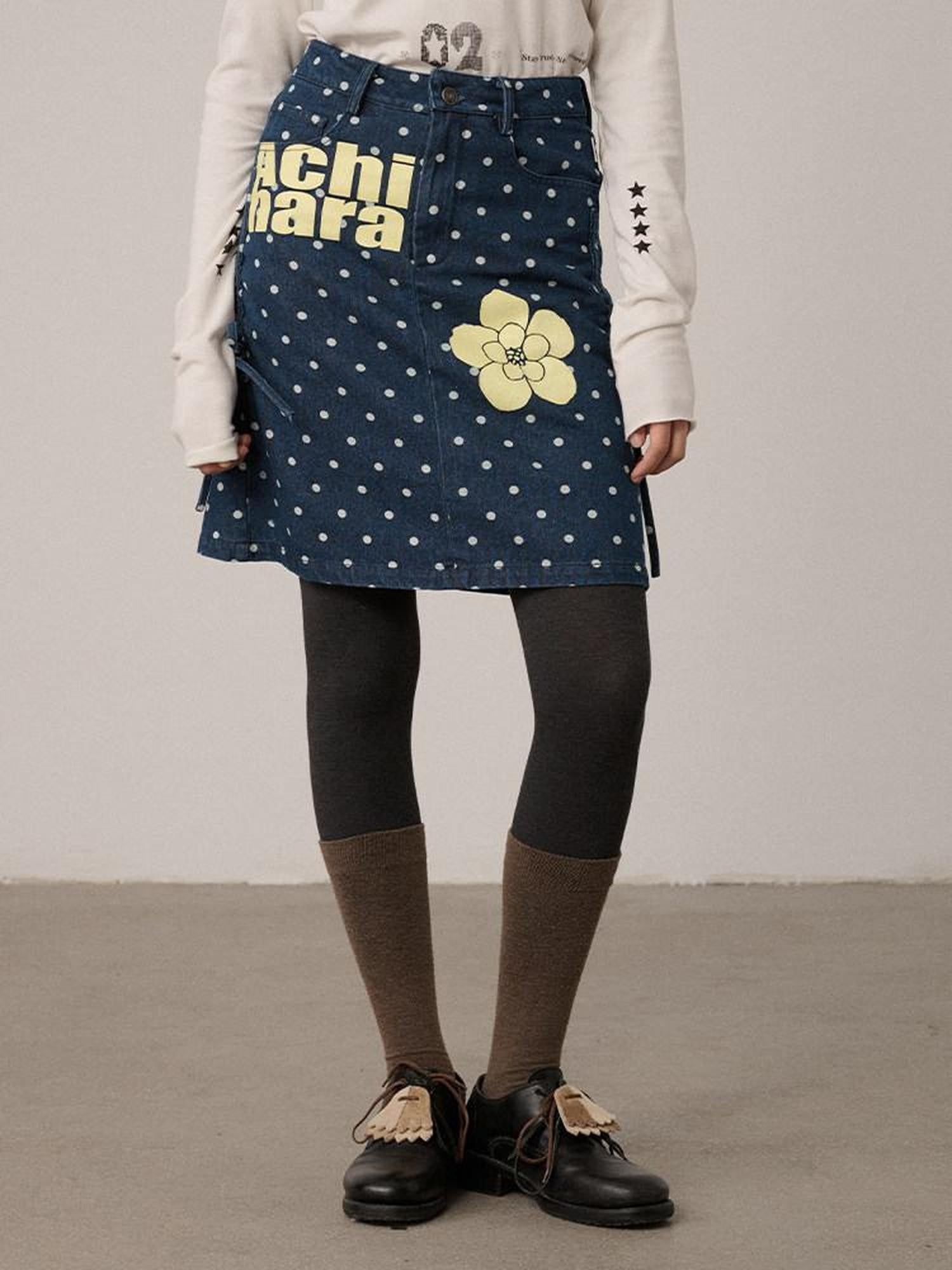 Achihara Blueberry Embroidered Polka Dot A Line Women'S Denim Mini Skirts