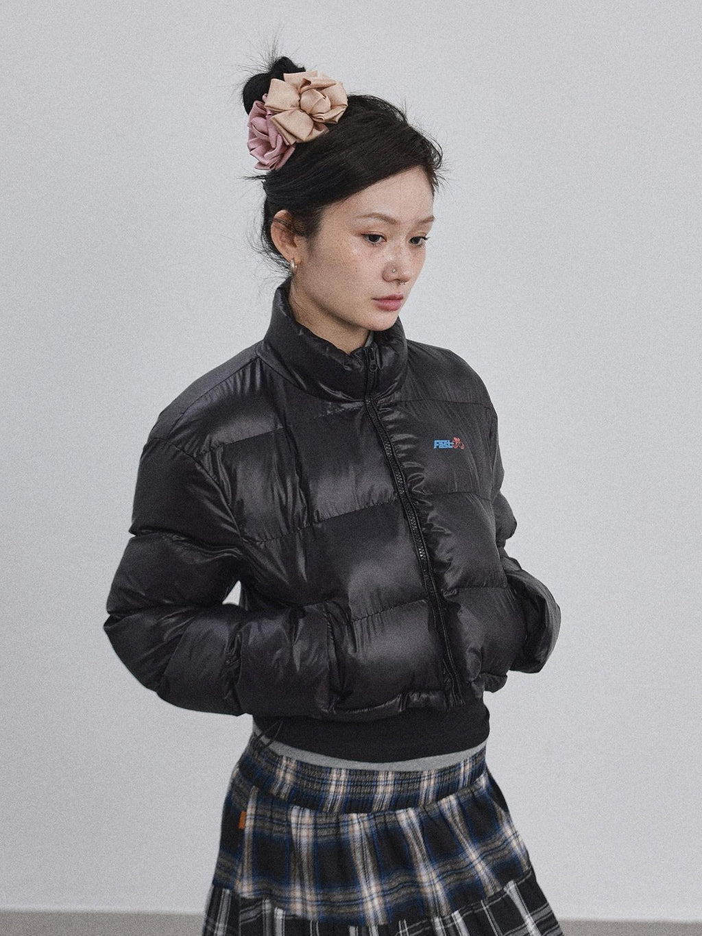 Achihara Bright Color Cropped Quilted Stand Collar Zipper Women'S Cotton Puffer Jackets