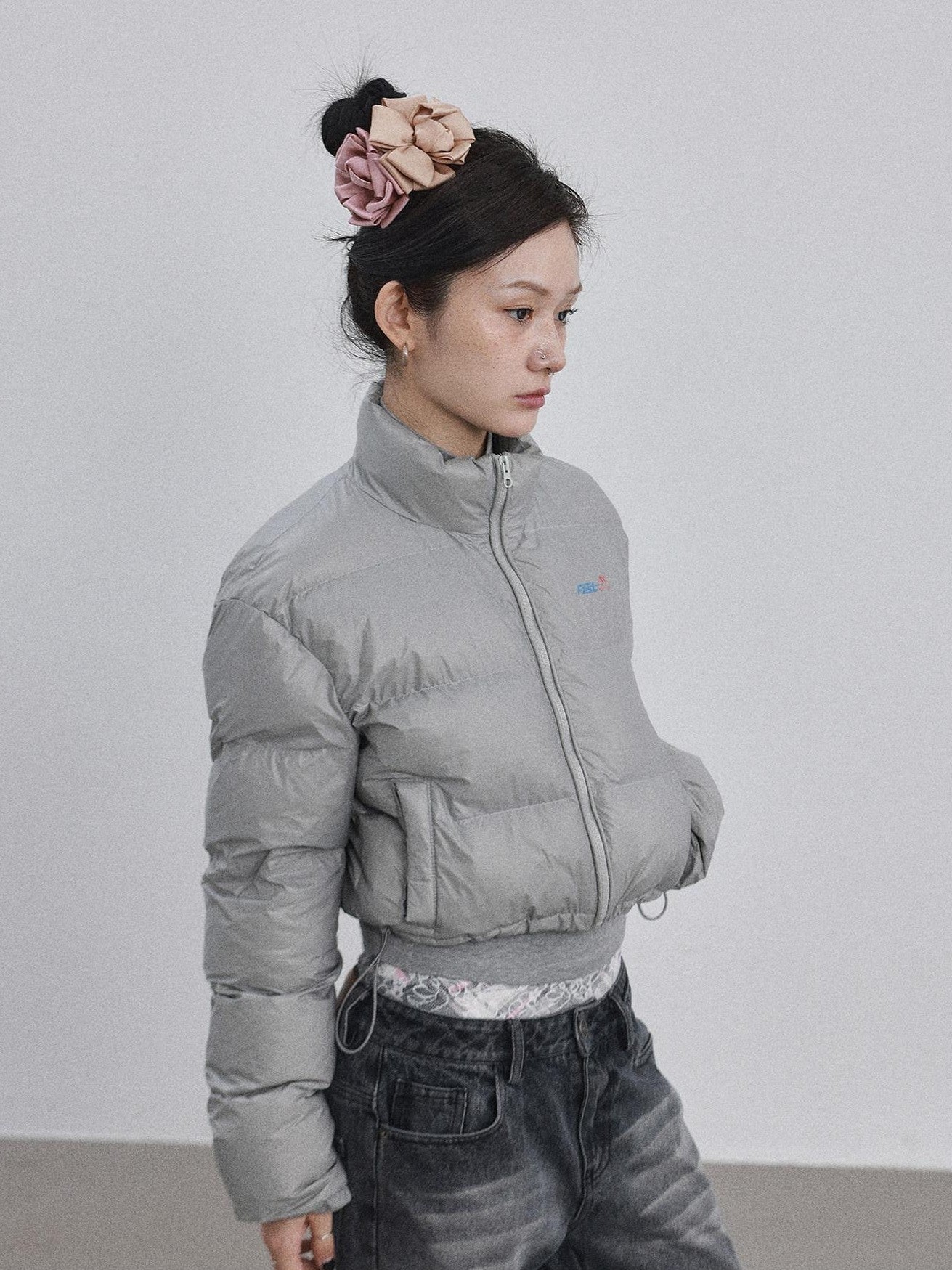 Achihara Bright Color Cropped Quilted Stand Collar Zipper Women'S Cotton Puffer Jackets