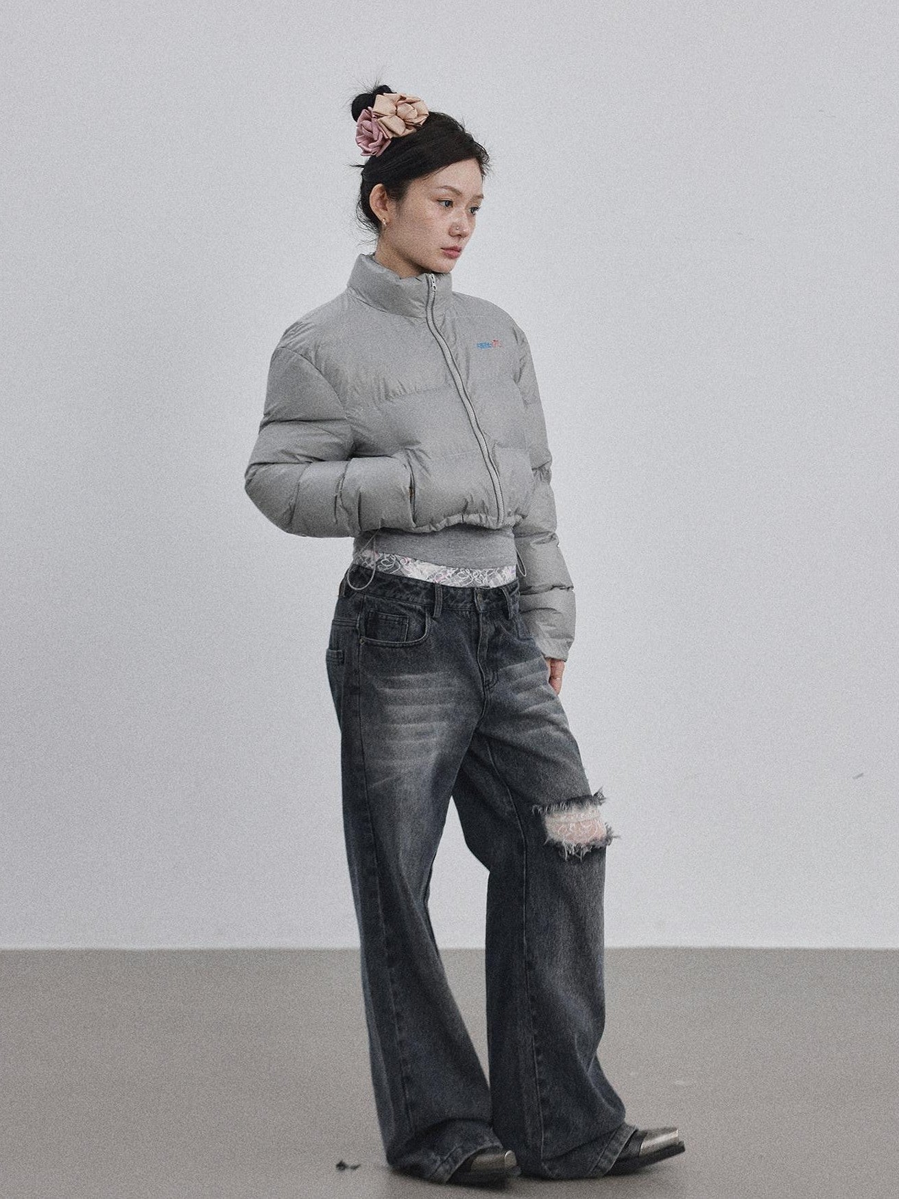 Achihara Bright Color Cropped Quilted Stand Collar Zipper Women'S Cotton Puffer Jackets