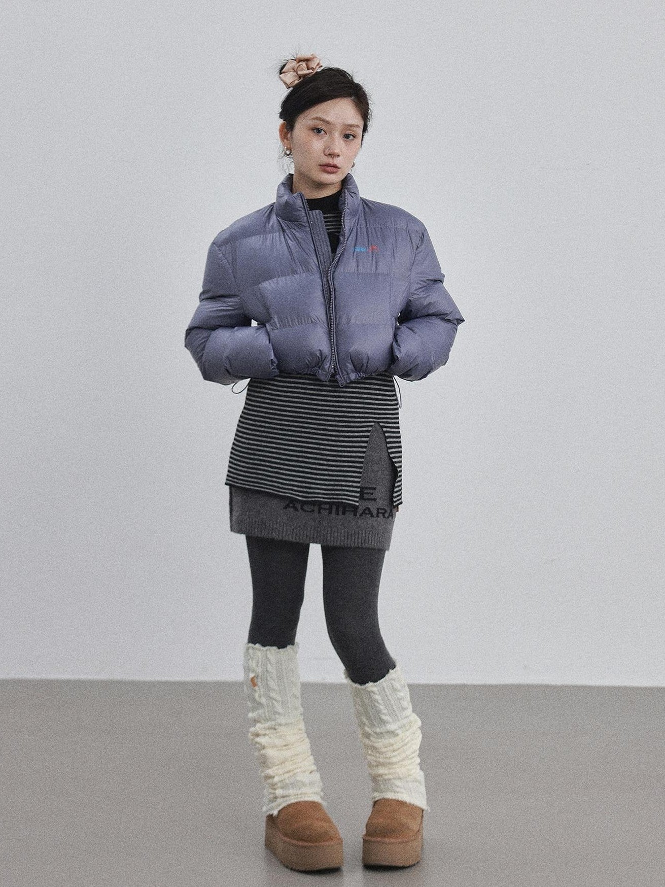 Achihara Bright Color Cropped Quilted Stand Collar Zipper Women'S Cotton Puffer Jackets