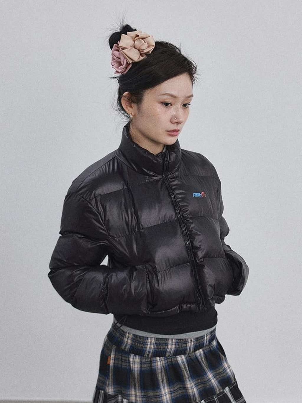 Achihara Bright Color Cropped Quilted Stand Collar Zipper Women'S Cotton Puffer Jackets