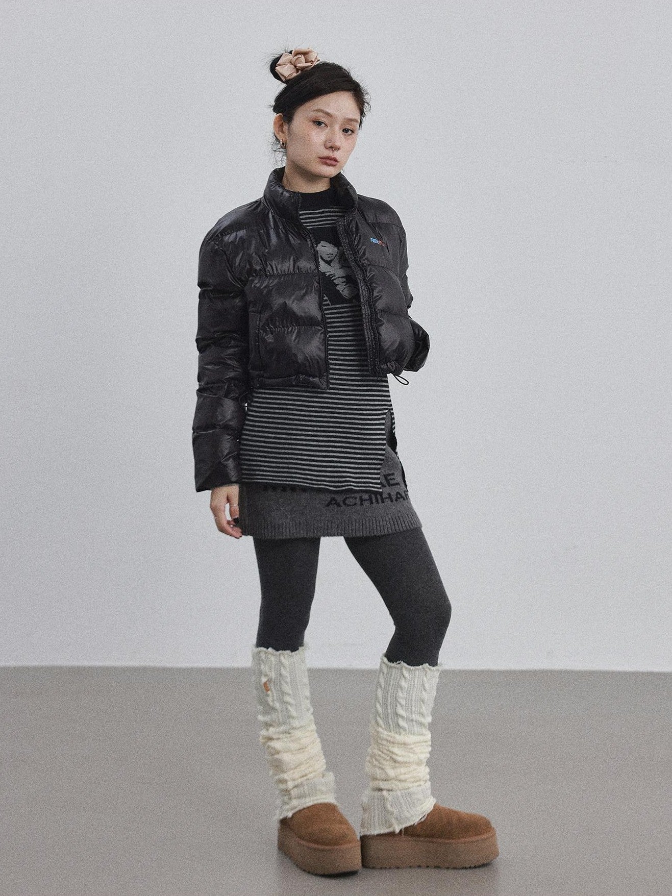 Achihara Bright Color Cropped Quilted Stand Collar Zipper Women'S Cotton Puffer Jackets