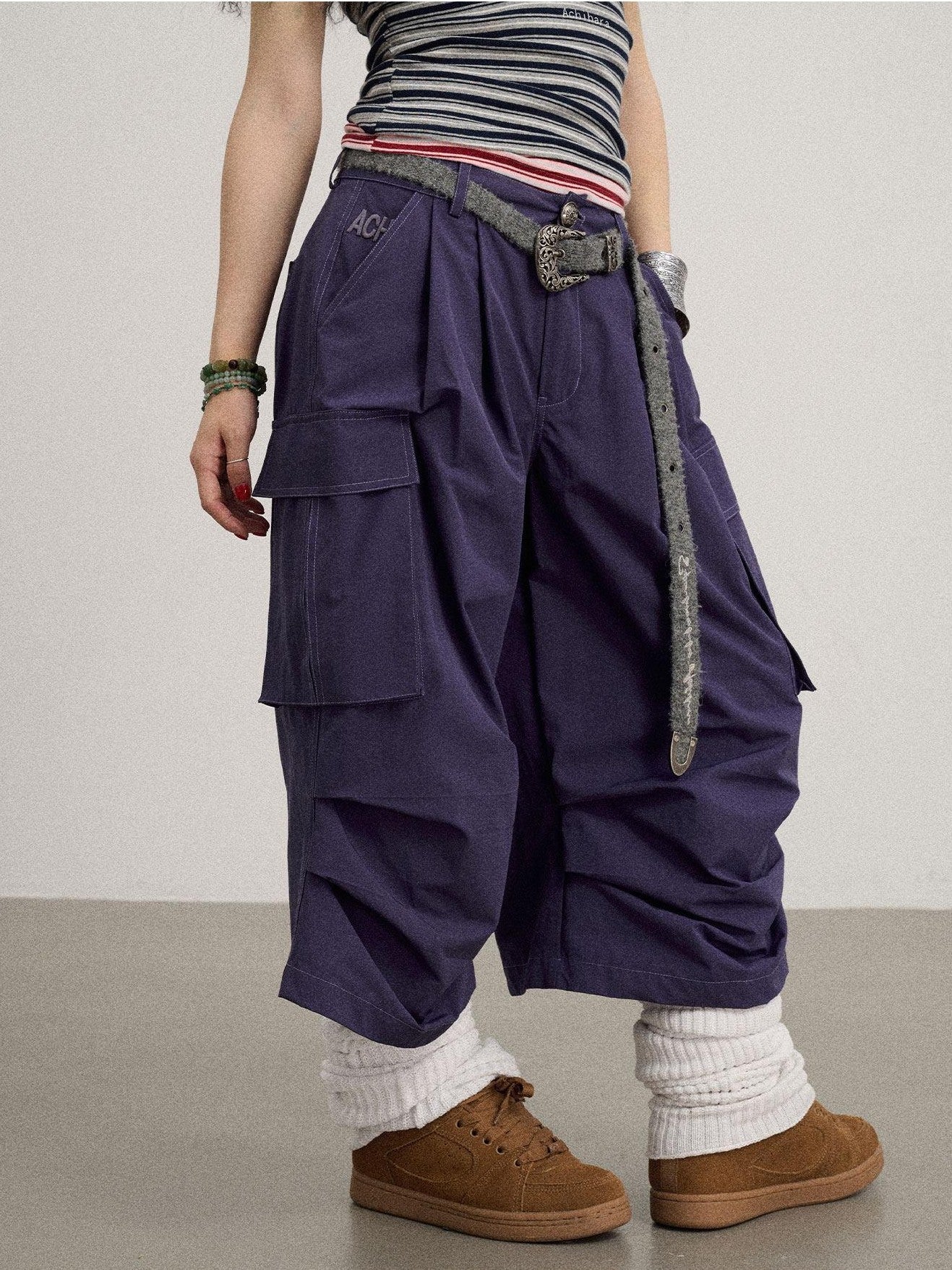 Achihara Casual Pleated Loose Wide Leg Women'S Cotton Nylon Blend Capri Pants