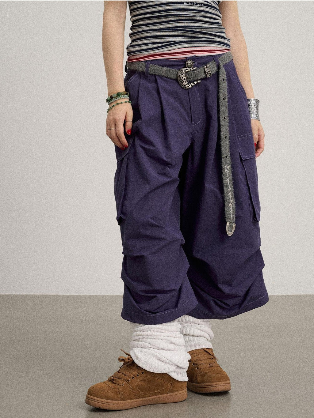 Achihara Casual Pleated Loose Wide Leg Women'S Cotton Nylon Blend Capri Pants