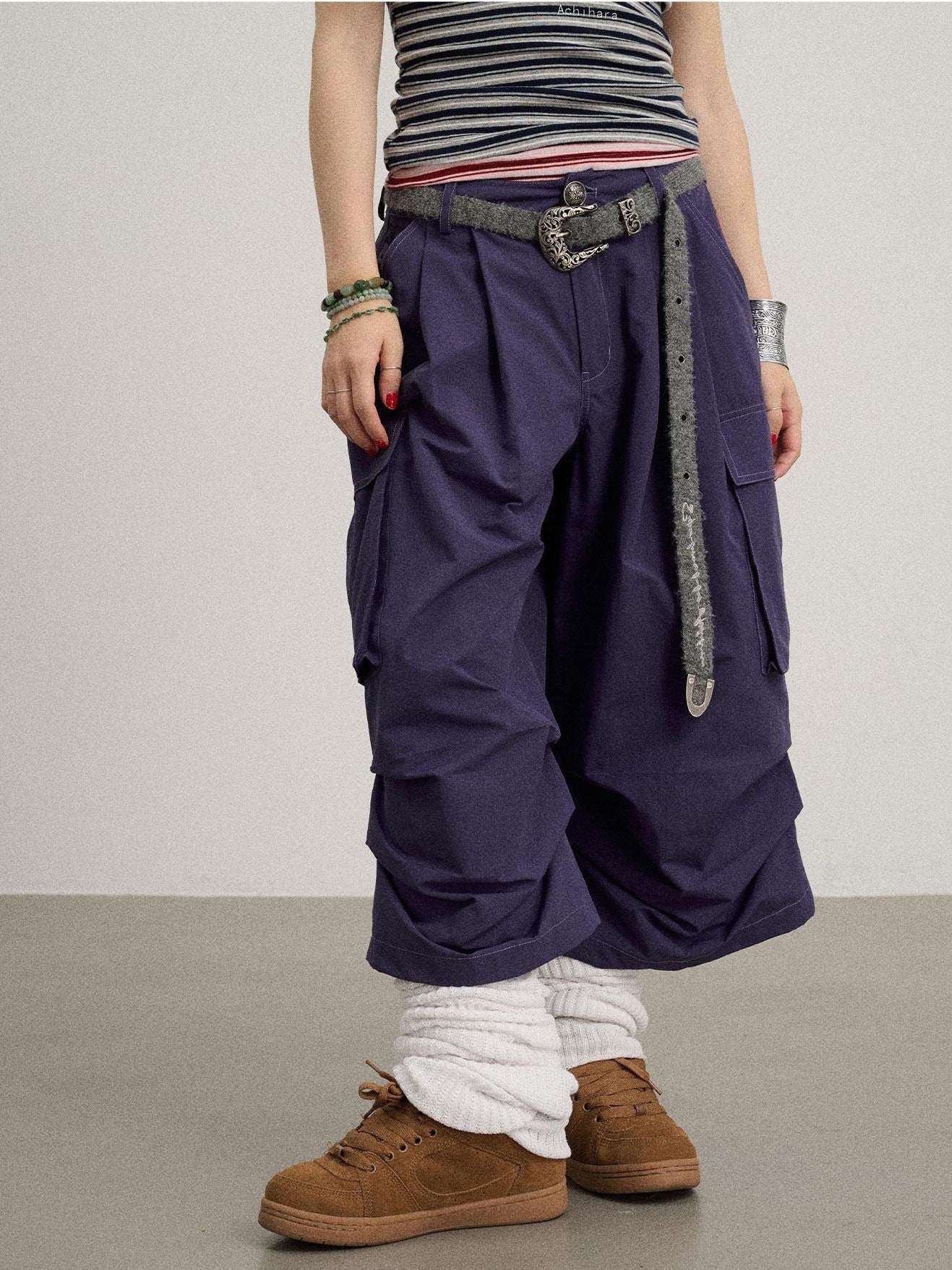 Achihara Casual Pleated Loose Wide Leg Women'S Cotton Nylon Blend Capri Pants