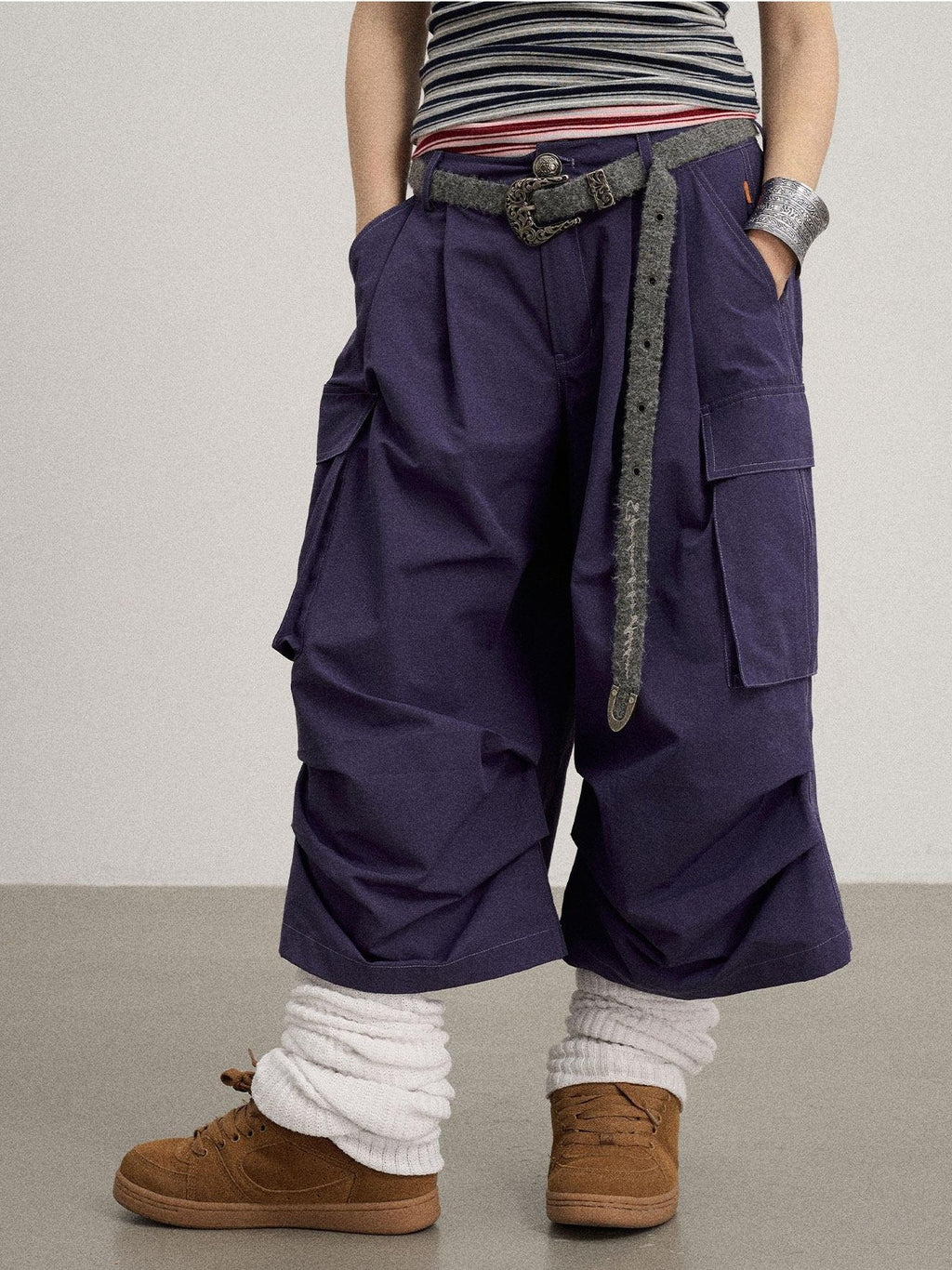 Achihara Casual Pleated Loose Wide Leg Women'S Cotton Nylon Blend Capri Pants