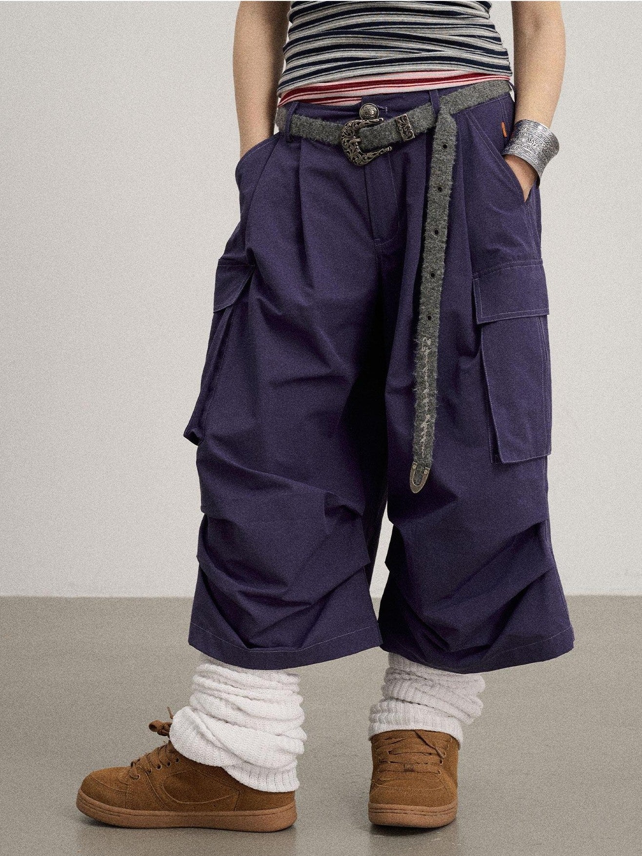 Achihara Casual Pleated Loose Wide Leg Women'S Cotton Nylon Blend Capri Pants