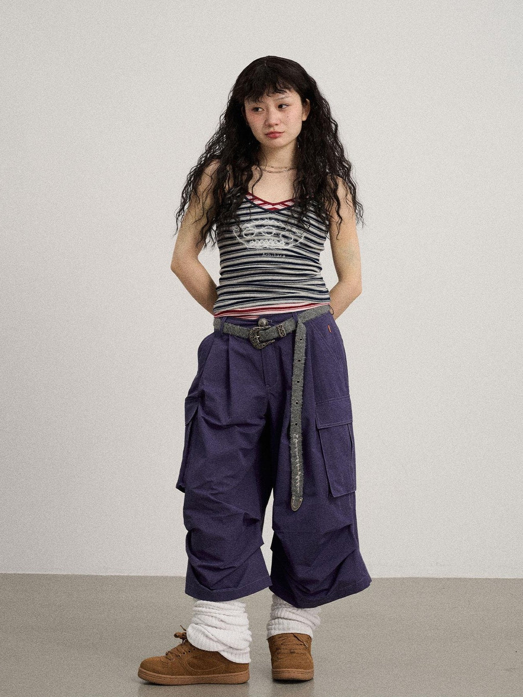 Achihara Casual Pleated Loose Wide Leg Women'S Cotton Nylon Blend Capri Pants