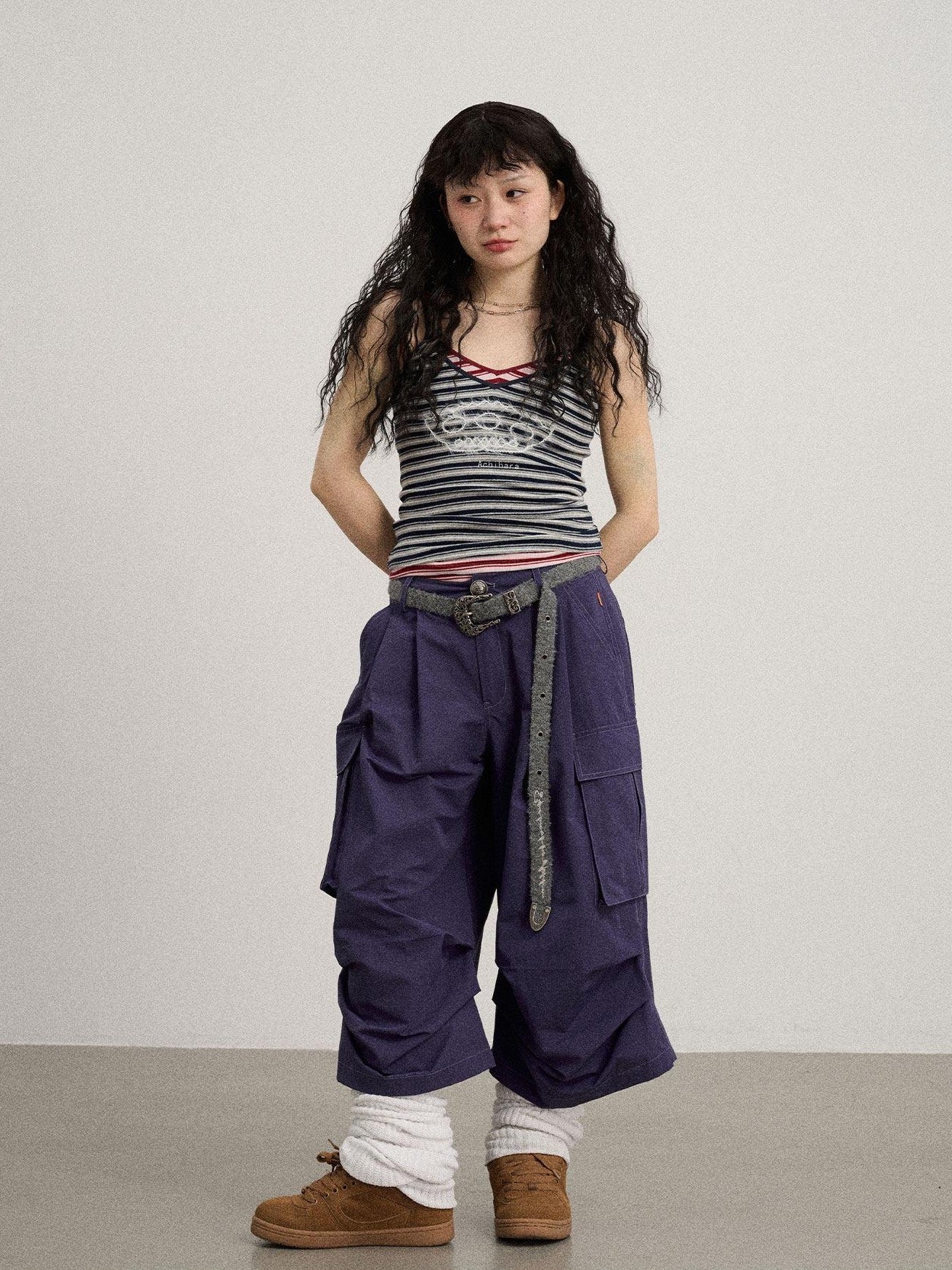 Achihara Casual Pleated Loose Wide Leg Women'S Cotton Nylon Blend Capri Pants