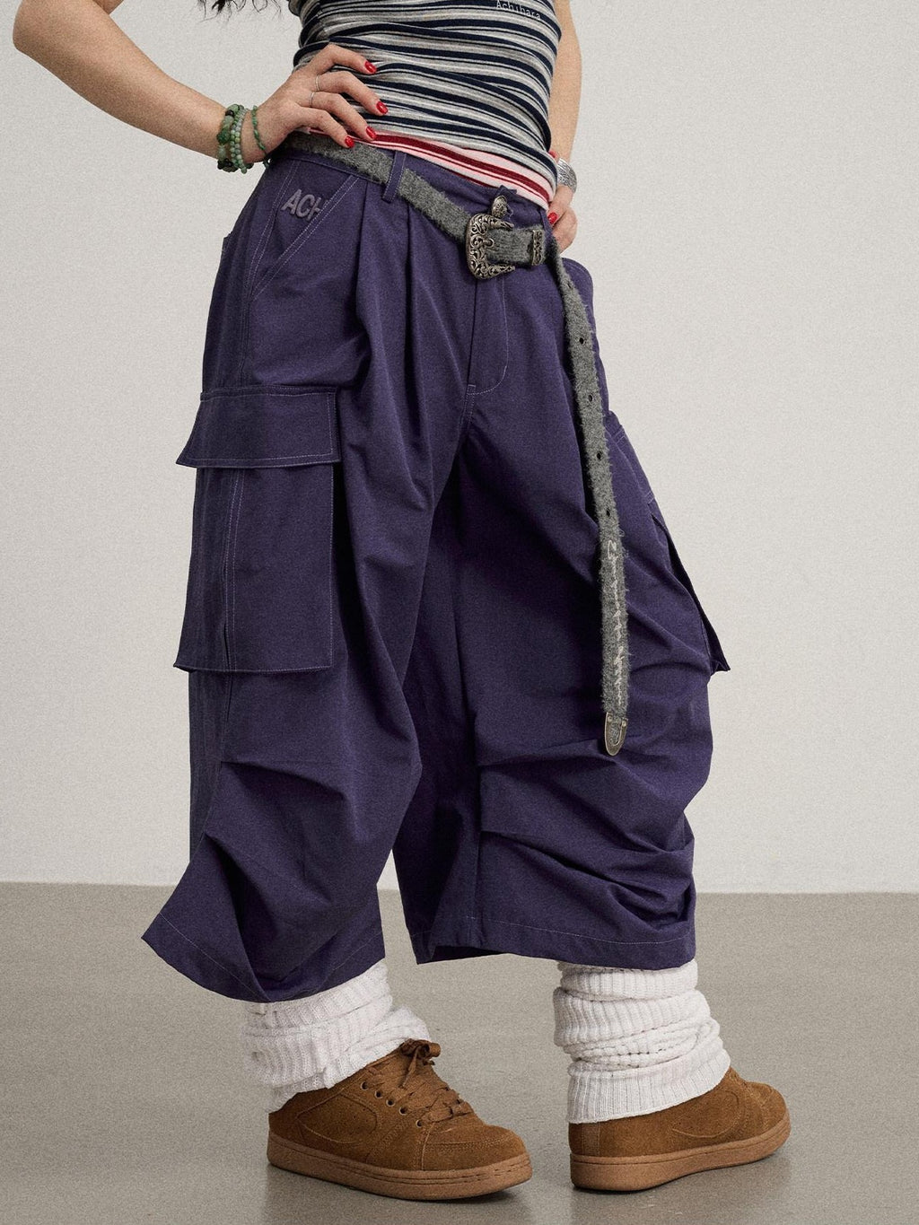 Achihara Casual Pleated Loose Wide Leg Women'S Cotton Nylon Blend Capri Pants