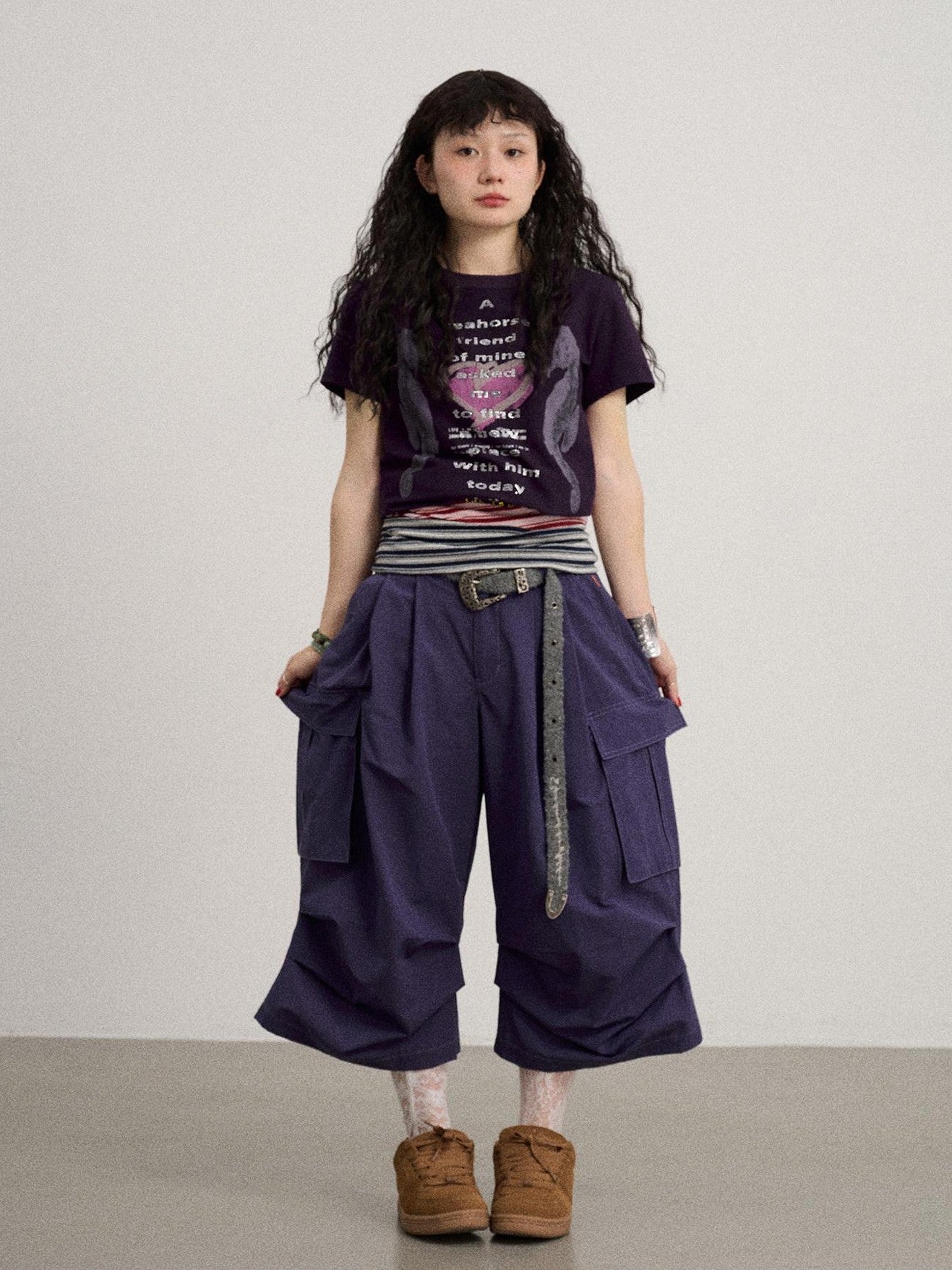 Achihara Casual Pleated Loose Wide Leg Women'S Cotton Nylon Blend Capri Pants