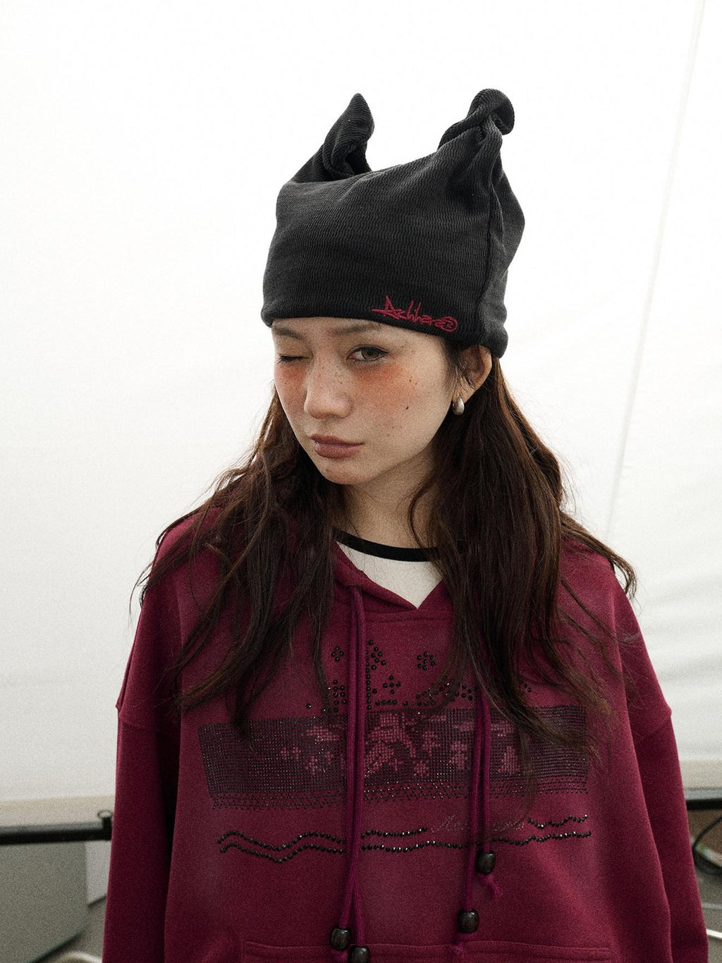 Achihara Cat Ear Brimless Twist Knot Ear Flap Street Women'S Cotton Winter Hats