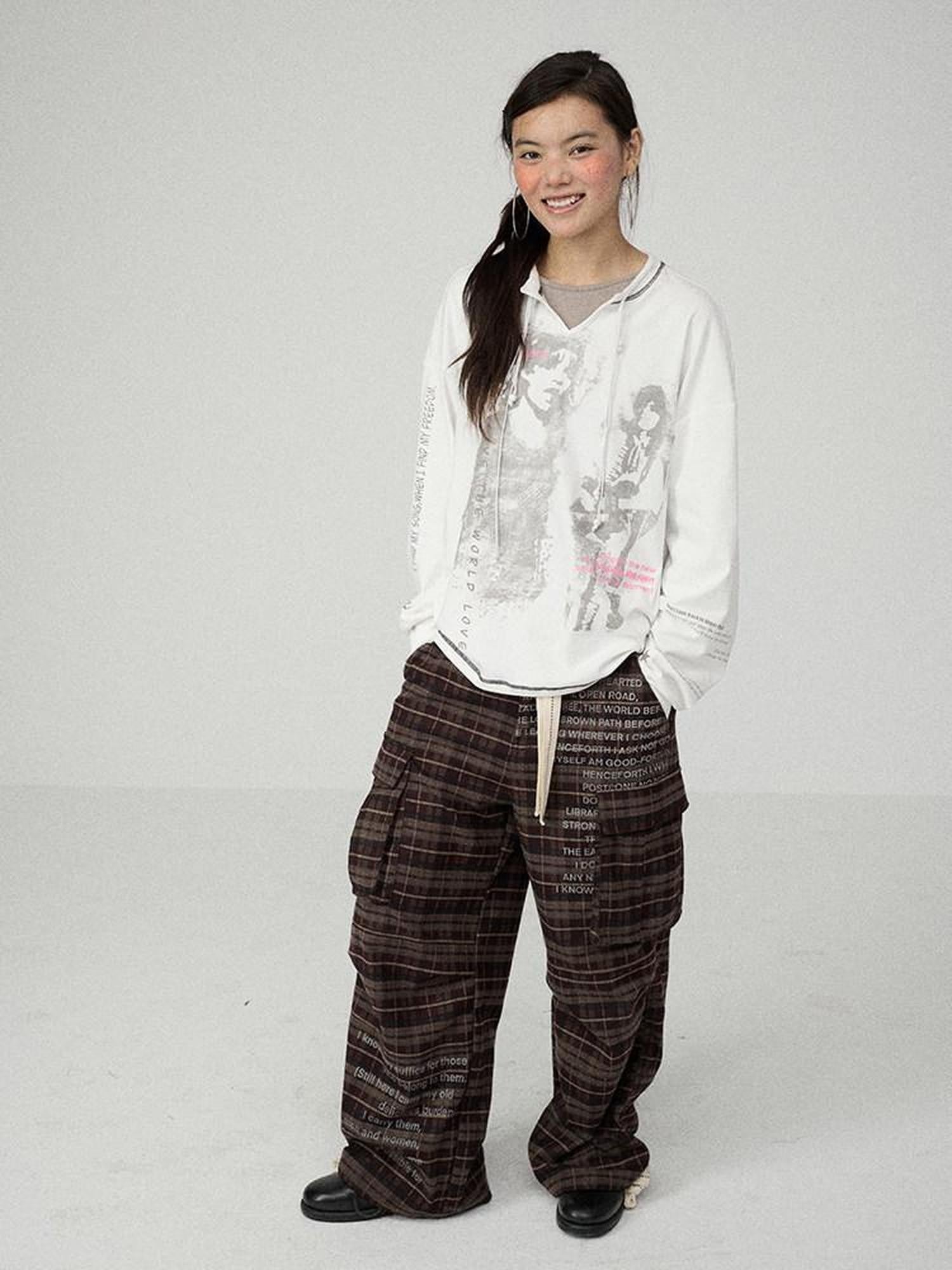 Achihara Charred Waffle Check Floor Length Women'S Viscose Blend Wide-Leg Pants