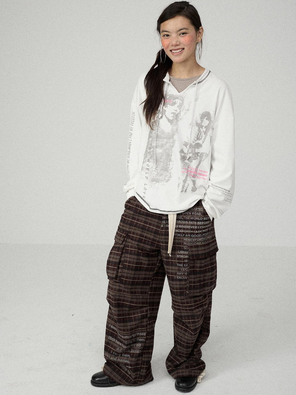Achihara Charred Waffle Check Floor Length Women'S Viscose Blend Wide-Leg Pants