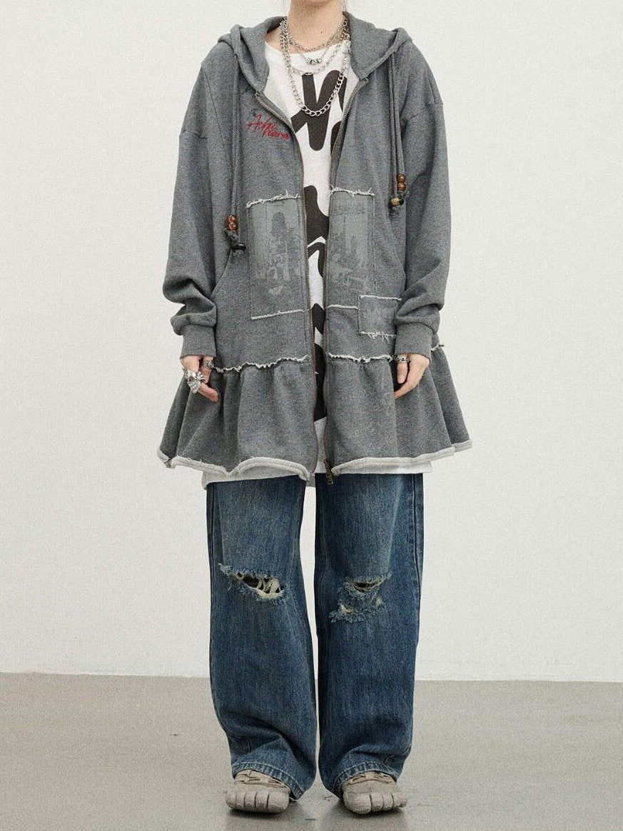 Achihara Cocoa Tree Distressed Figure Print Hooded Midlength Loose Women'S Cotton Hoodies