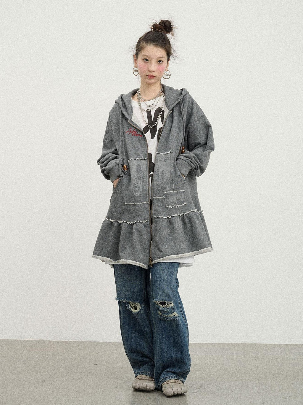 Achihara Cocoa Tree Distressed Figure Print Hooded Midlength Loose Women'S Cotton Hoodies